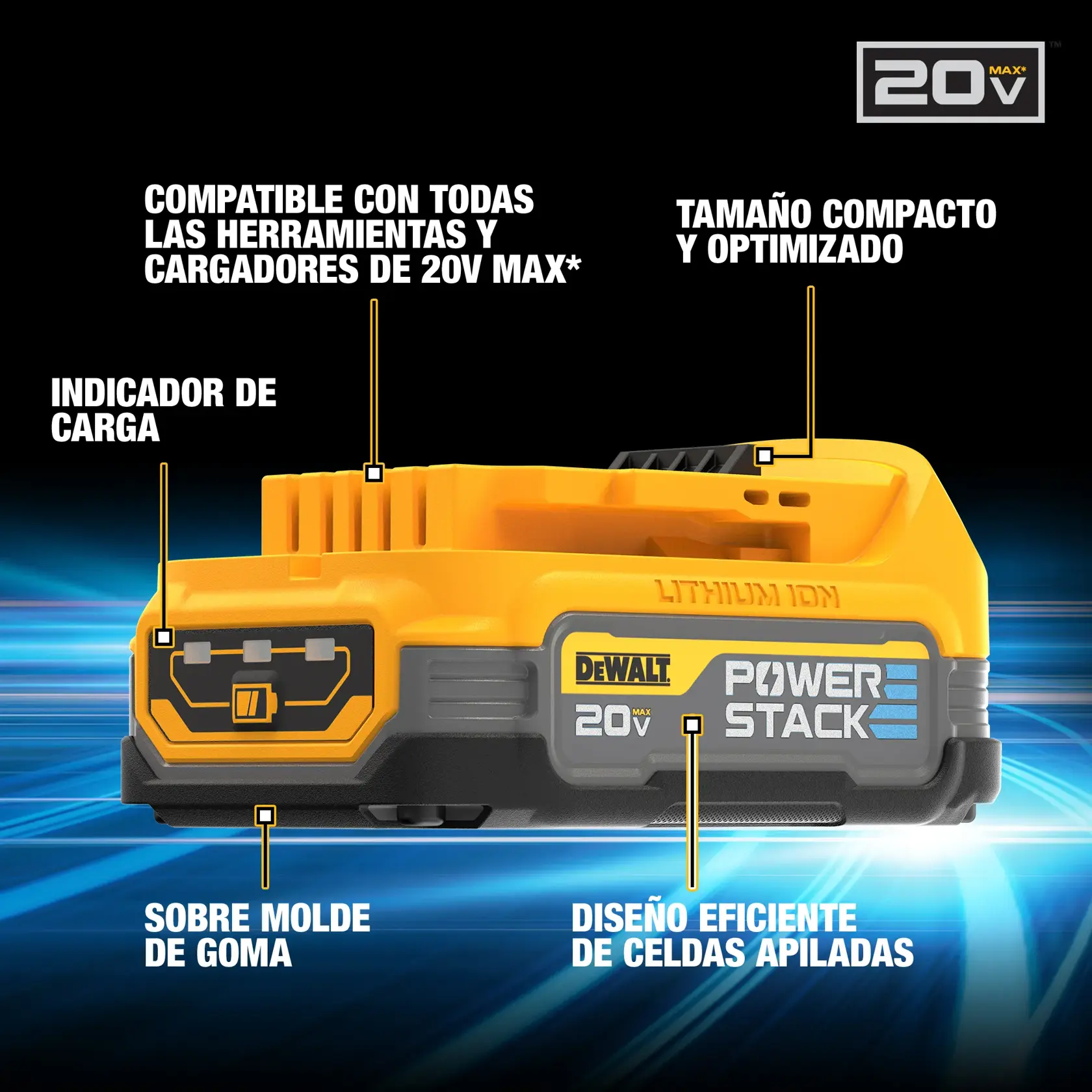 DEWALT® 20V MAX* POWERSTACK™ Kit de (2) Baterias Compactas de 1.7 Ah, Cargador y Bolso