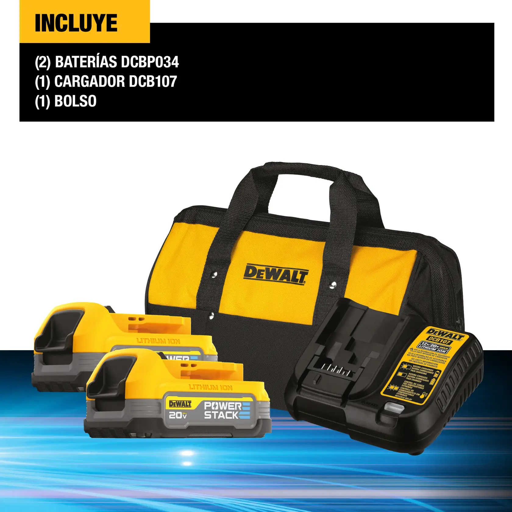 DEWALT® 20V MAX* POWERSTACK™ Kit de (2) Baterias Compactas de 1.7 Ah, Cargador y Bolso