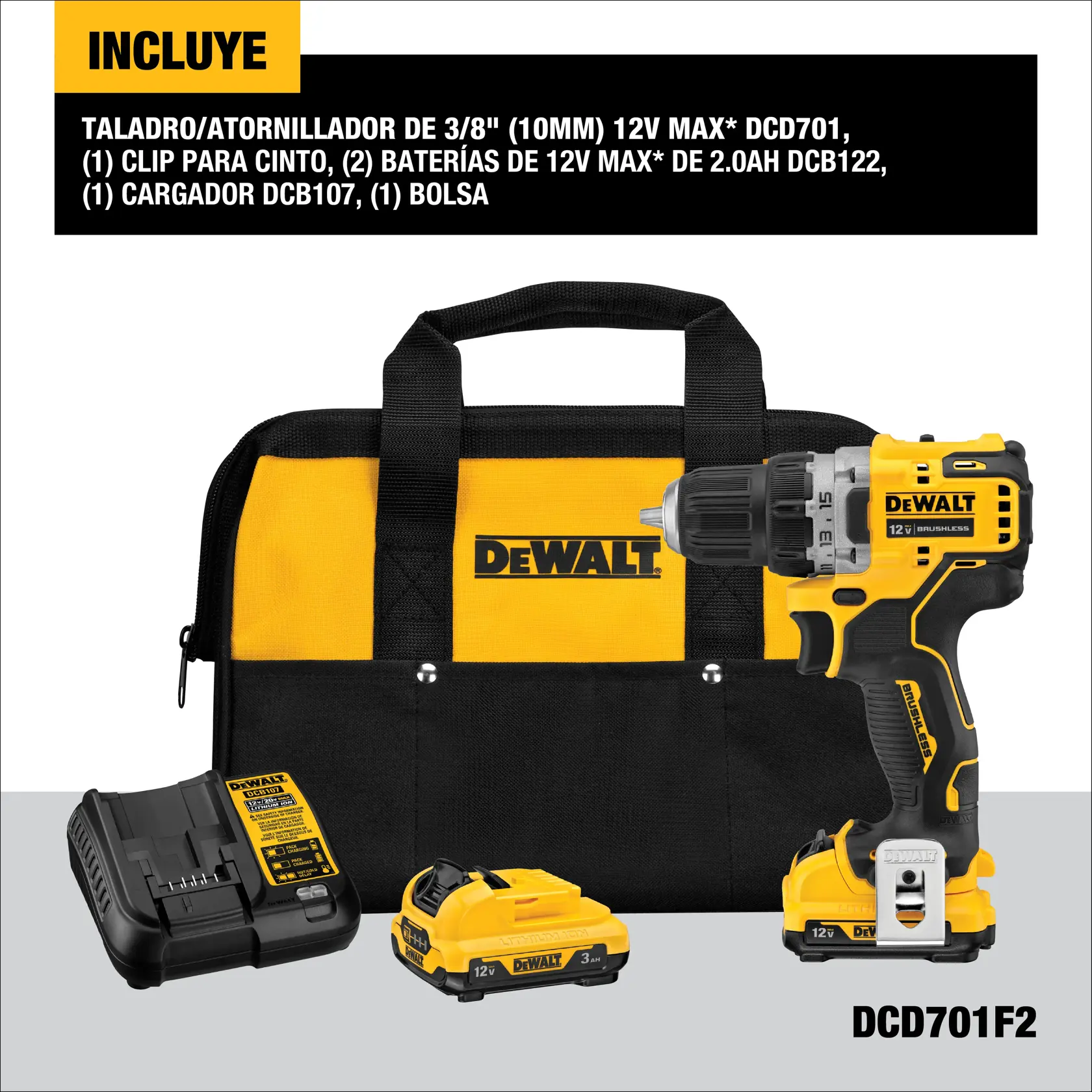DEWALT® XTREME™ 12V MAX* Kit de Taladro Atornillador de 3/8" (10mm) Inalámbrico sin Carbones con (2) Baterías de Ión de Litio y Cargador
