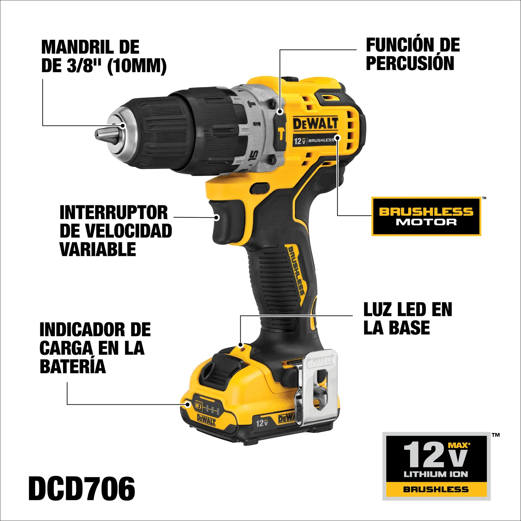 DEWALT® XTREME™ 12V MAX* Kit de Taladro Percutor/Atornillador de 3/8" (10mm) Inalámbrico sin Carbones