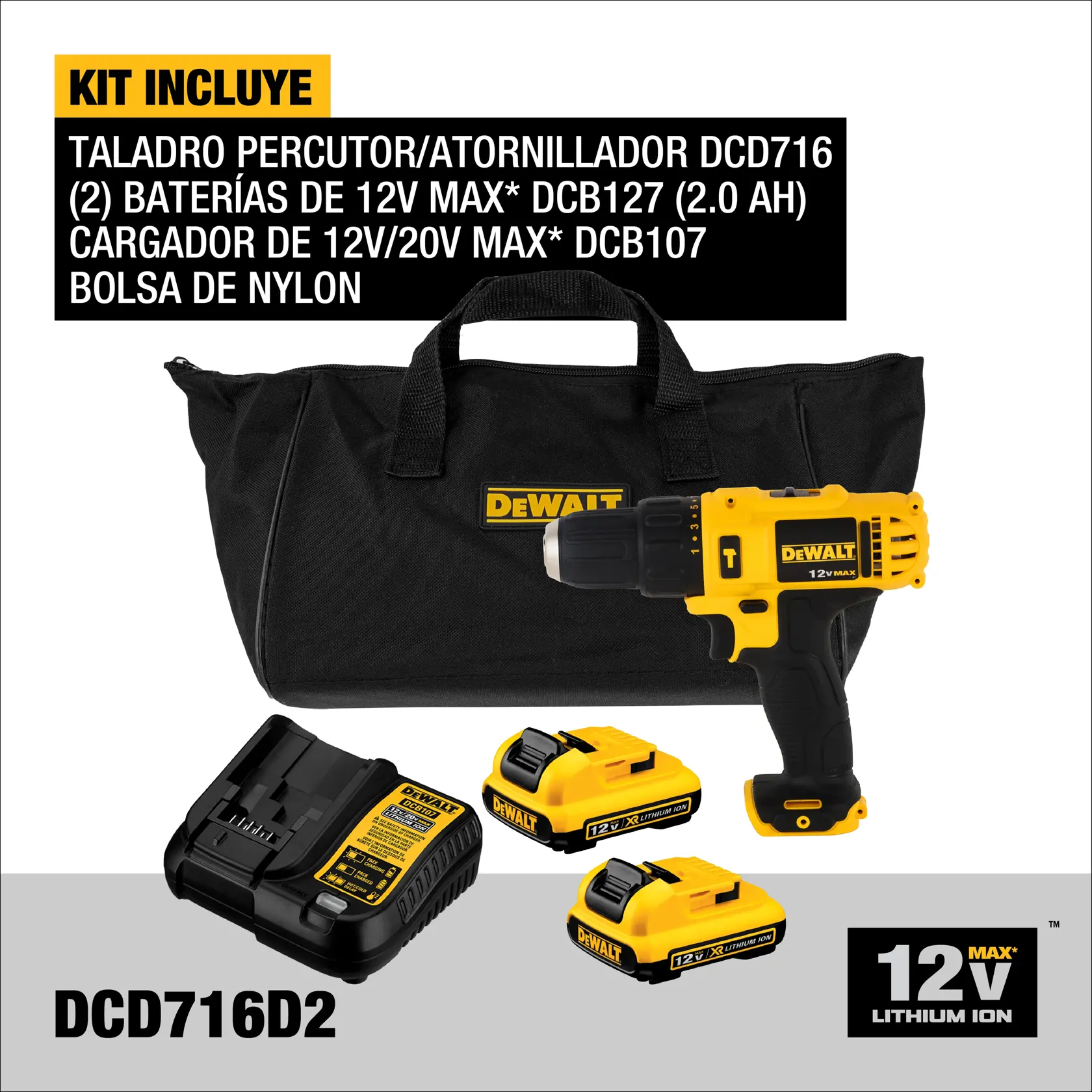 DEWALT® 12V MAX* Kit de Taladro Percutor/Atornillador de 3/8" (10mm) Inalámbrico, (2) Baterías de 1.5 Ah y Cargador