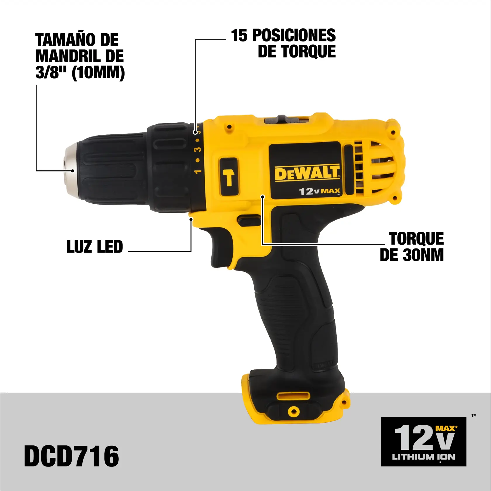 DEWALT® 12V MAX* Kit de Taladro Percutor/Atornillador de 3/8" (10mm) Inalámbrico, (2) Baterías de 1.5 Ah y Cargador