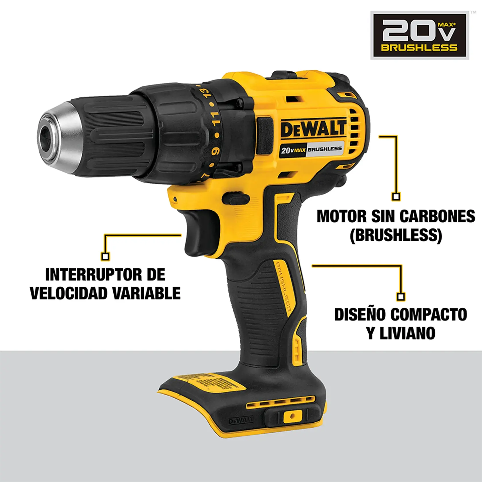 DEWALT® 20V MAX* Taladro Percutor/Atornillador de 1/2" (13mm) Inalámbrico (Solo Herramienta)