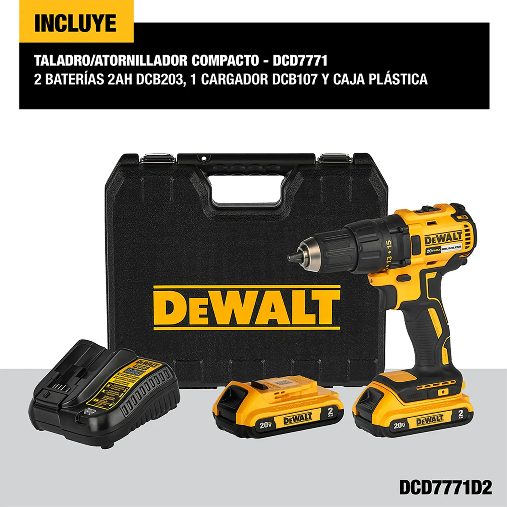 DEWALT® 20V MAX* XR® Kit de Taladro Percutor Atornillador de 1/2" (13mm) Inalámbrico sin Carbones con (2) Baterías de Ion de Litio de 2.0 Ah y Cargador