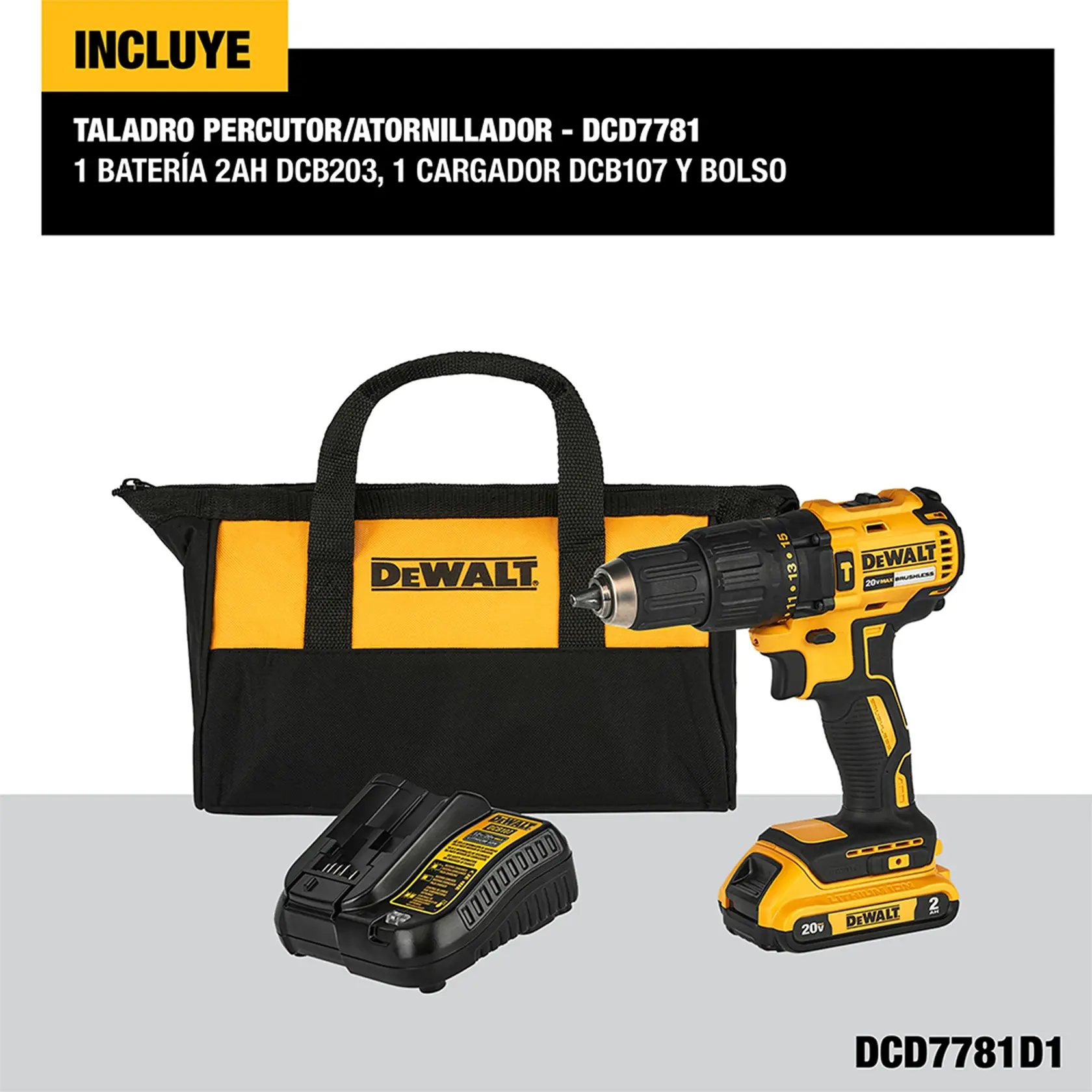 DEWALT® 20V MAX* Kit de Taladro Percutor/Atornillador de 1/2" (13mm) Inalámbrico sin Carbones con (1) Batería de 2.0 Ah y Cargador