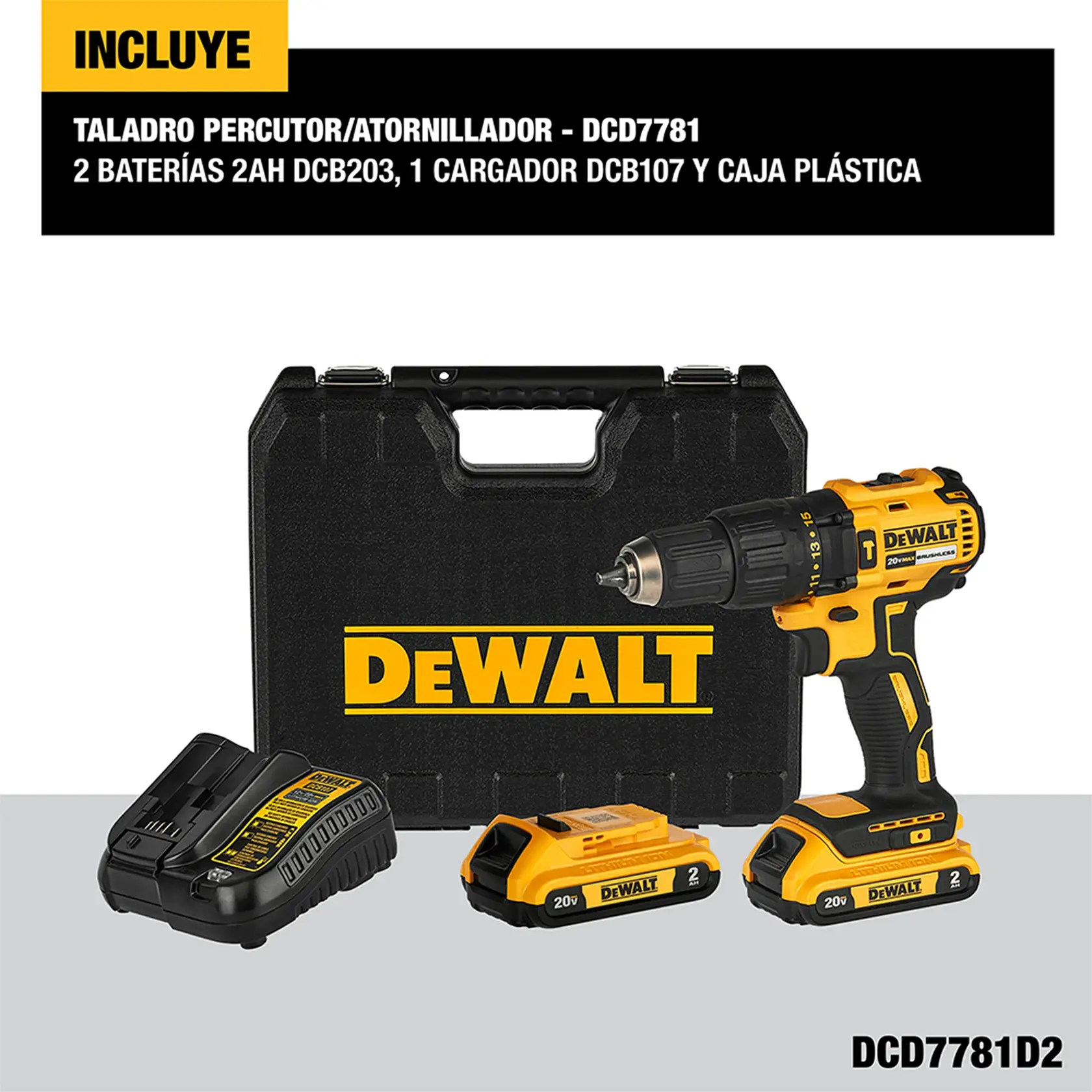 DEWALT® 20V MAX* Kit de Taladro Percutor/Atornillador de 1/2" (13mm) Inalámbrico sin Carbones con (2) Baterías de Ion de Litio de 2.0 Ah y Cargador