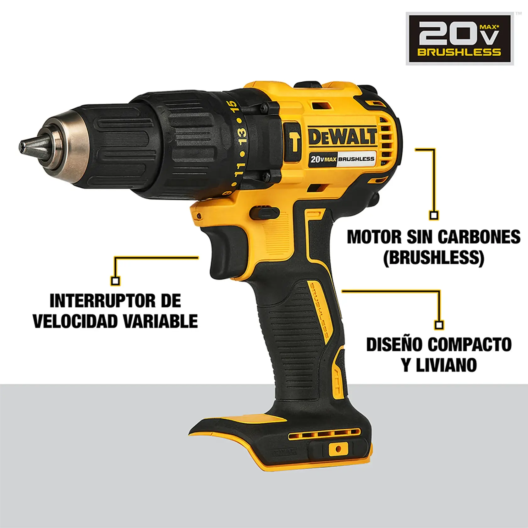 DEWALT® 20V MAX* Kit de Taladro Percutor/Atornillador de 1/2" (13mm) Inalámbrico sin Carbones con (2) Baterías de Ion de Litio de 2.0 Ah y Cargador
