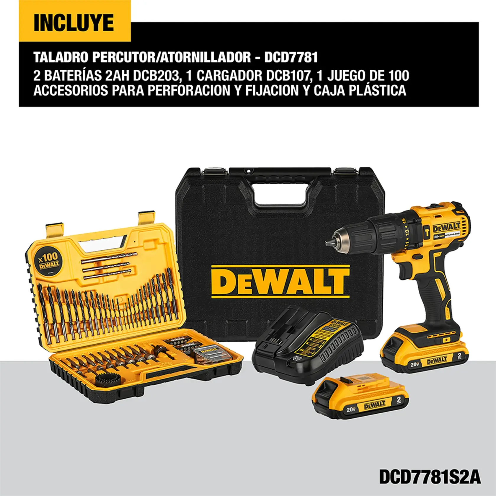 DEWALT® 20V MAX* Kit de Taladro Percutor/Atornillador de 1/2" (13mm) Inalámbrico sin Carbones con (2) Baterías de Ion de Litio de 2.0 Ah y Cargador