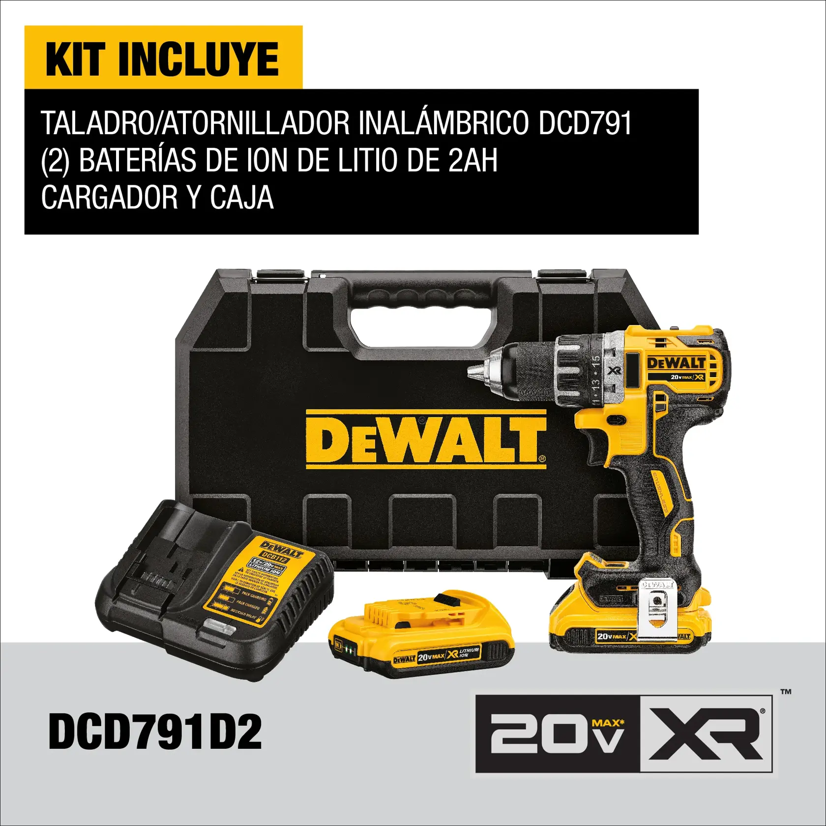 DEWALT® 20V MAX* XR® Kit de Taladro Percutor Atornillador de 1/2" (13mm) Inalámbrico sin Carbones con (2) Baterías de Ion de Litio de 2.0 Ah y Cargador