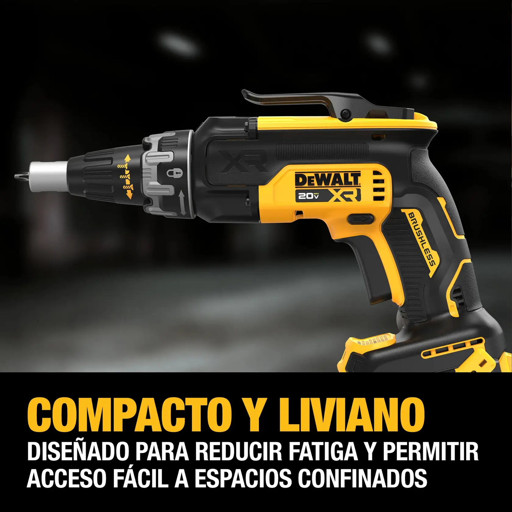 A close-up of a DEWALT 20V XR brushless power tool, shown with a dark blurred background. Text at the bottom highlights its compact and lightweight design, stating it is made to reduce fatigue and allow easy access to confined spaces.