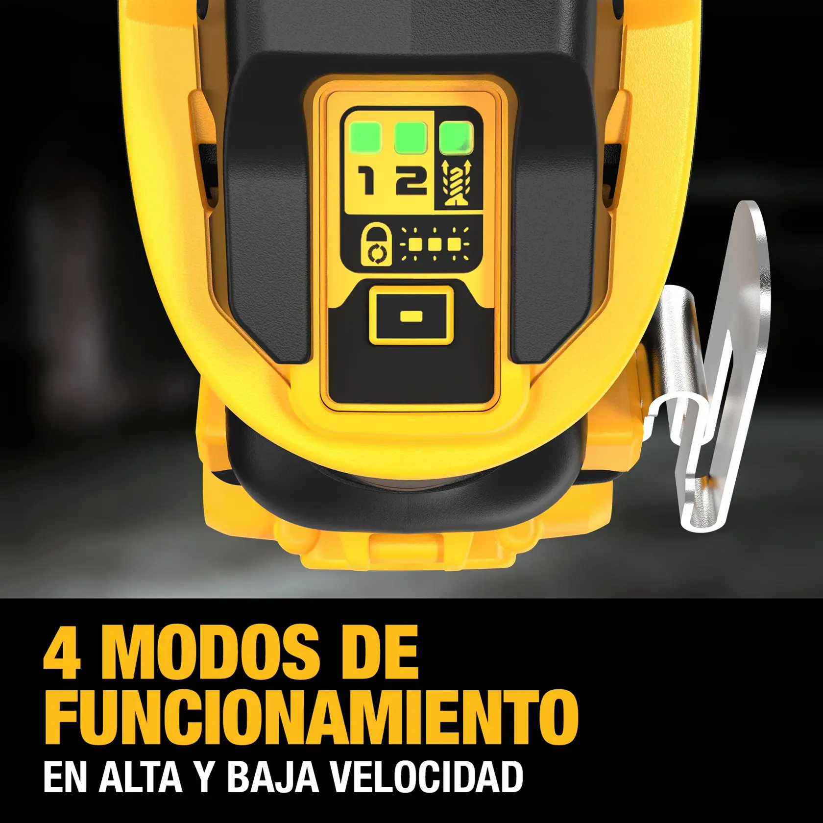 Close-up of a DEWALT power tool control panel showing four operation modes in high and low speed. The display includes icons and indicators, and the image text reads: '4 MODES OF OPERATION IN HIGH AND LOW SPEED.'