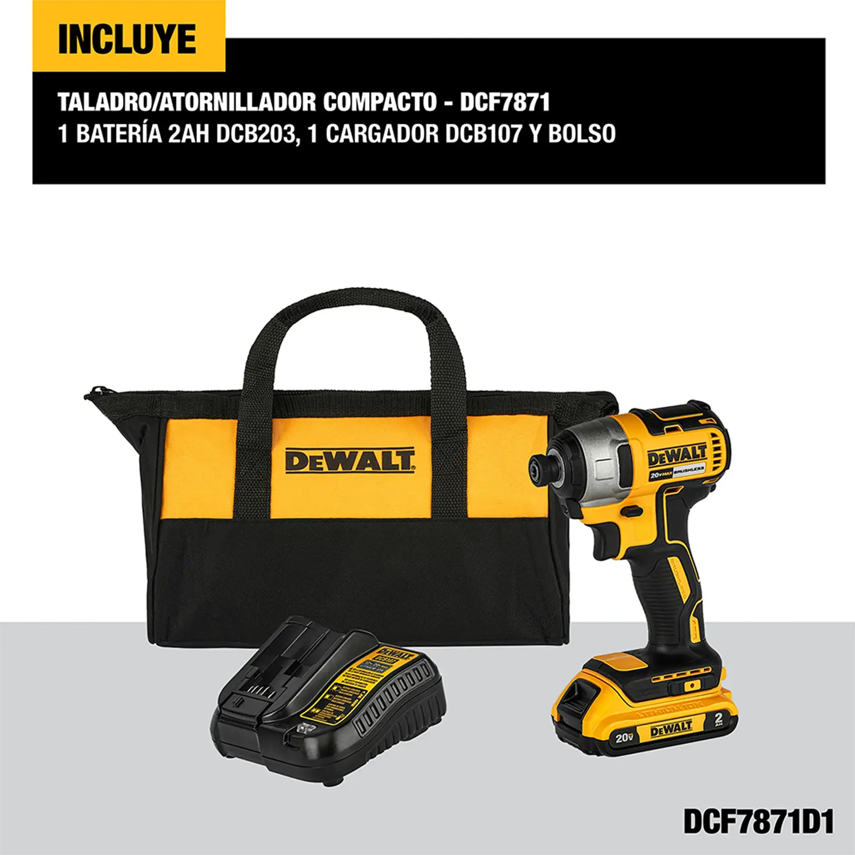 DEWALT® 20V MAX* Kit de Taladro Atornillador de Impacto 1/4" (6.4mm) Inalámbrico sin Carbones