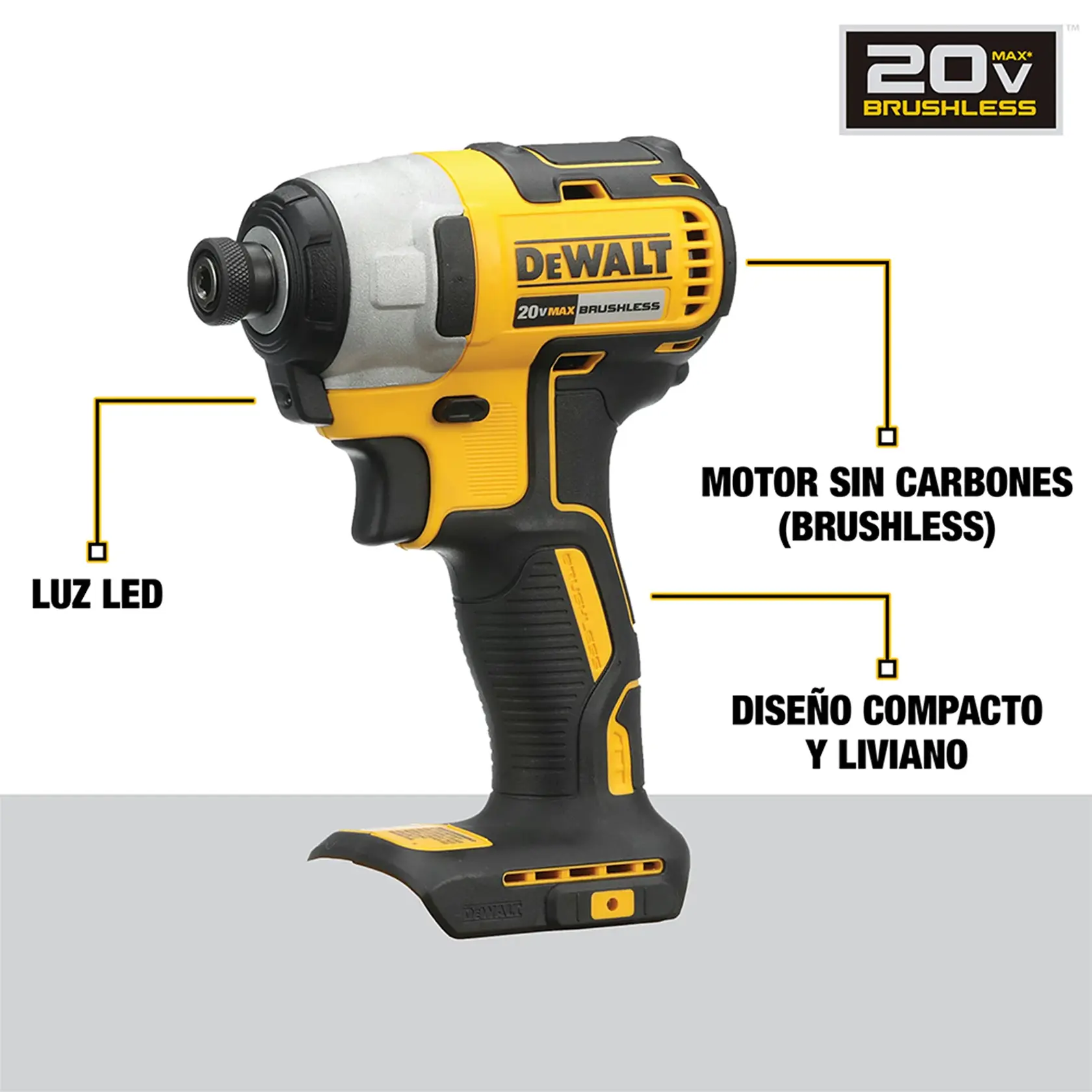 DEWALT® 20V MAX* Kit de Taladro Atornillador de Impacto 1/4" (6.4mm) Inalámbrico sin Carbones