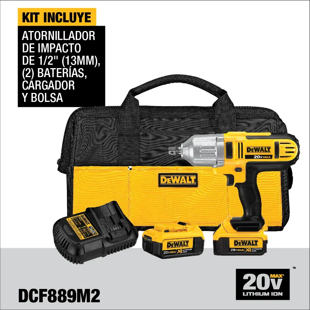 DEWALT® 20V MAX* Kit de Llave de Impacto de 1/2" (13mm) con Pin de Retención, (2) Baterías de 4.0 Ah y Cargador