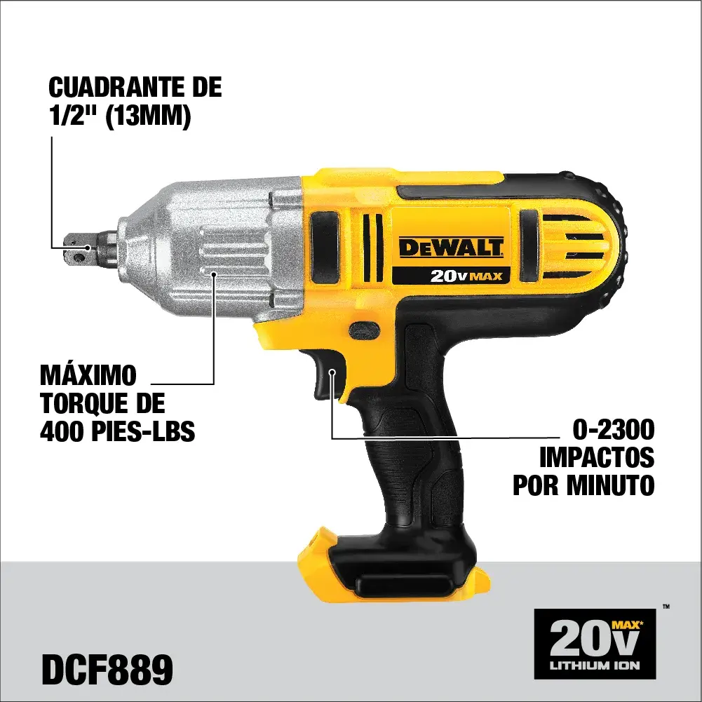 DEWALT® 20V MAX* Kit de Llave de Impacto de 1/2" (13mm) con Pin de Retención, (2) Baterías de 4.0 Ah y Cargador