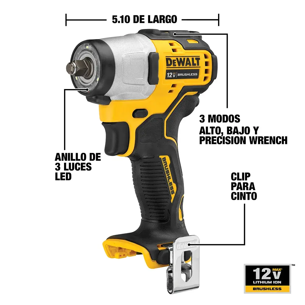 DEWALT® XTREME™ 12V MAX* Llave de Impacto de 3/8" (10 mm) Inalámbrica sin Carbones (Solo Herramienta)