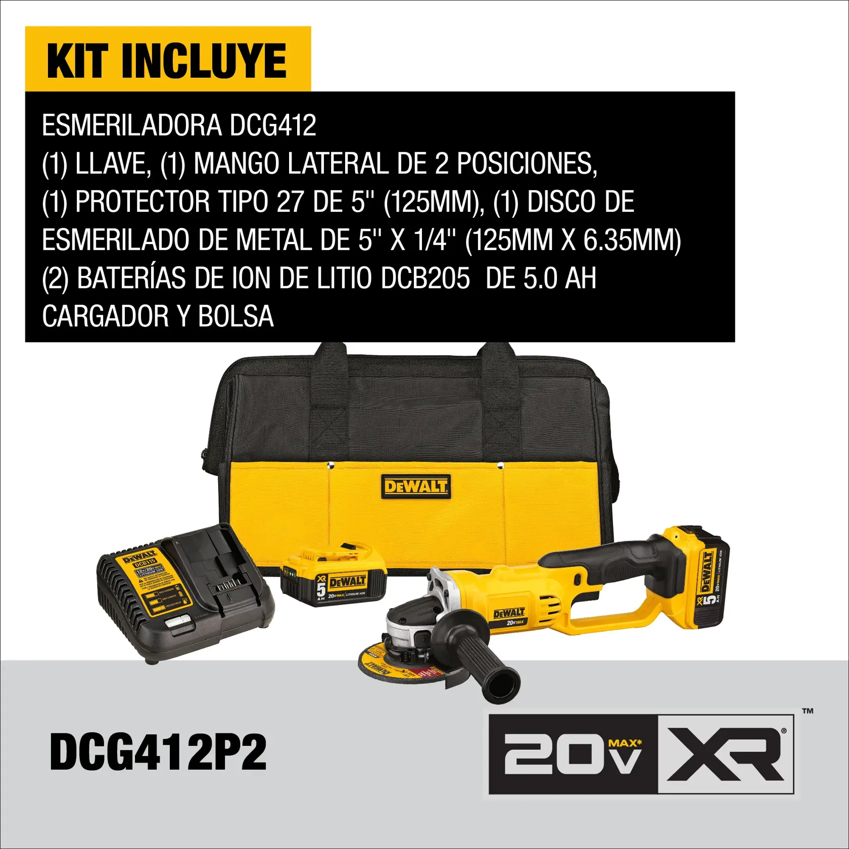 DEWALT® 20V MAX* Kit de Esmeriladora Angular Inalámbrica de 4-1/2" (115mm) con (2) Baterías de 5.0 Ah y Cargador