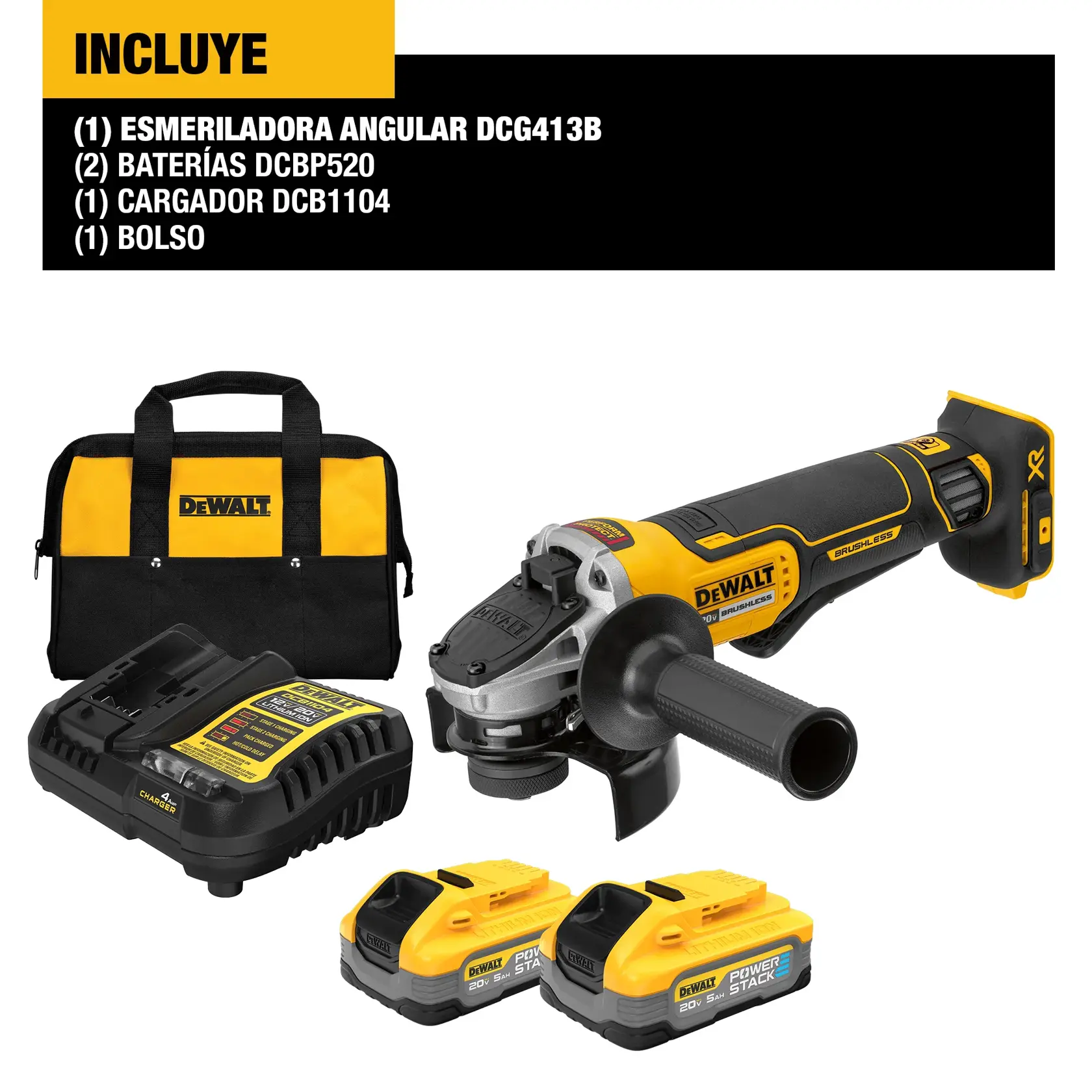 DCG413H2 Angled Grinder Kit with 2 5amps Powerstack™ batteries, charger and handbag