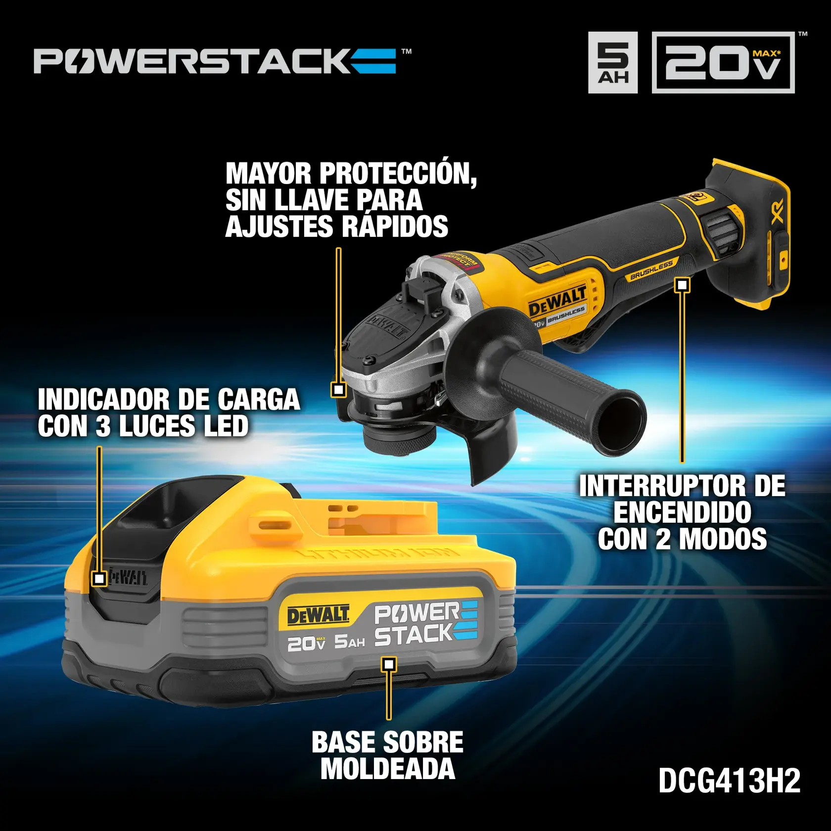 DCG413H2 Powerstack™ battery and Grinde