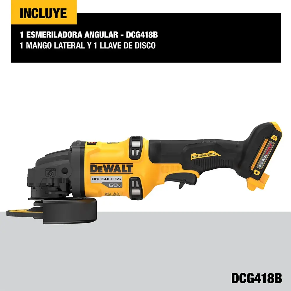 DEWALT® FLEXVOLT® 60V MAX* Esmeriladora Angular Inalámbrica sin Carbones de 4-1/2" (115mm) - 6" (150mm) con Freno KICKBACK BRAKE (Solo Herramienta)