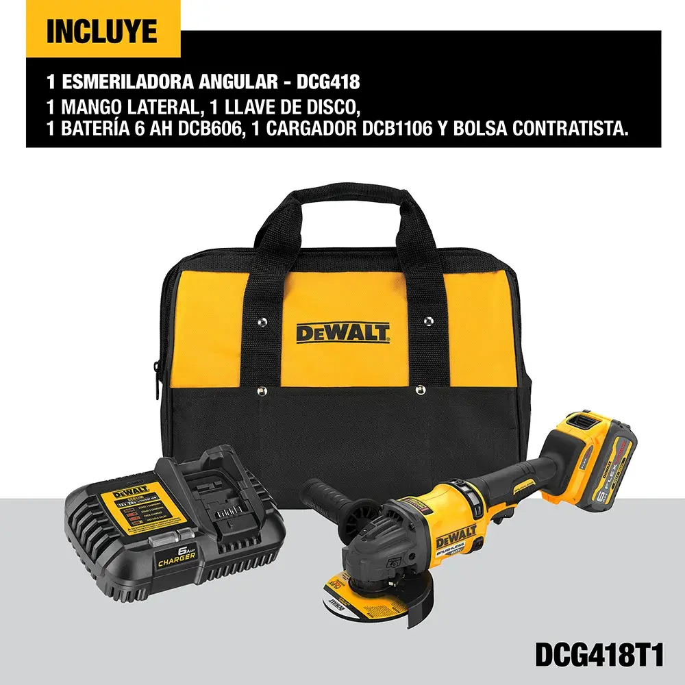 DEWALT DCG418T1 kit including an angular grinder, side handle, disc key, 6 Ah battery (DCB606), charger (DCB1106), and contractor bag. All items are shown with the DEWALT logo and displayed on a light gray background.