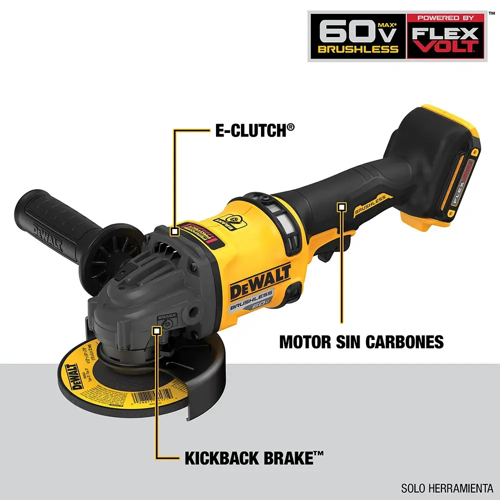 DEWALT DCG418T1 cordless angle grinder, shown in black and yellow, featuring FLEXVOLT 60V MAX brushless motor. Labels indicate E-Clutch, brushless motor, and Kickback Brake functions. The image only shows the tool without accessories.