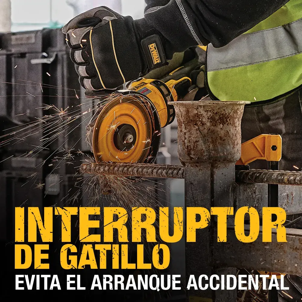 A person wearing safety gloves and a high-visibility vest uses a DEWALT power tool to cut metal, with sparks flying. The image contains Spanish text that highlights a trigger switch feature to prevent accidental start.