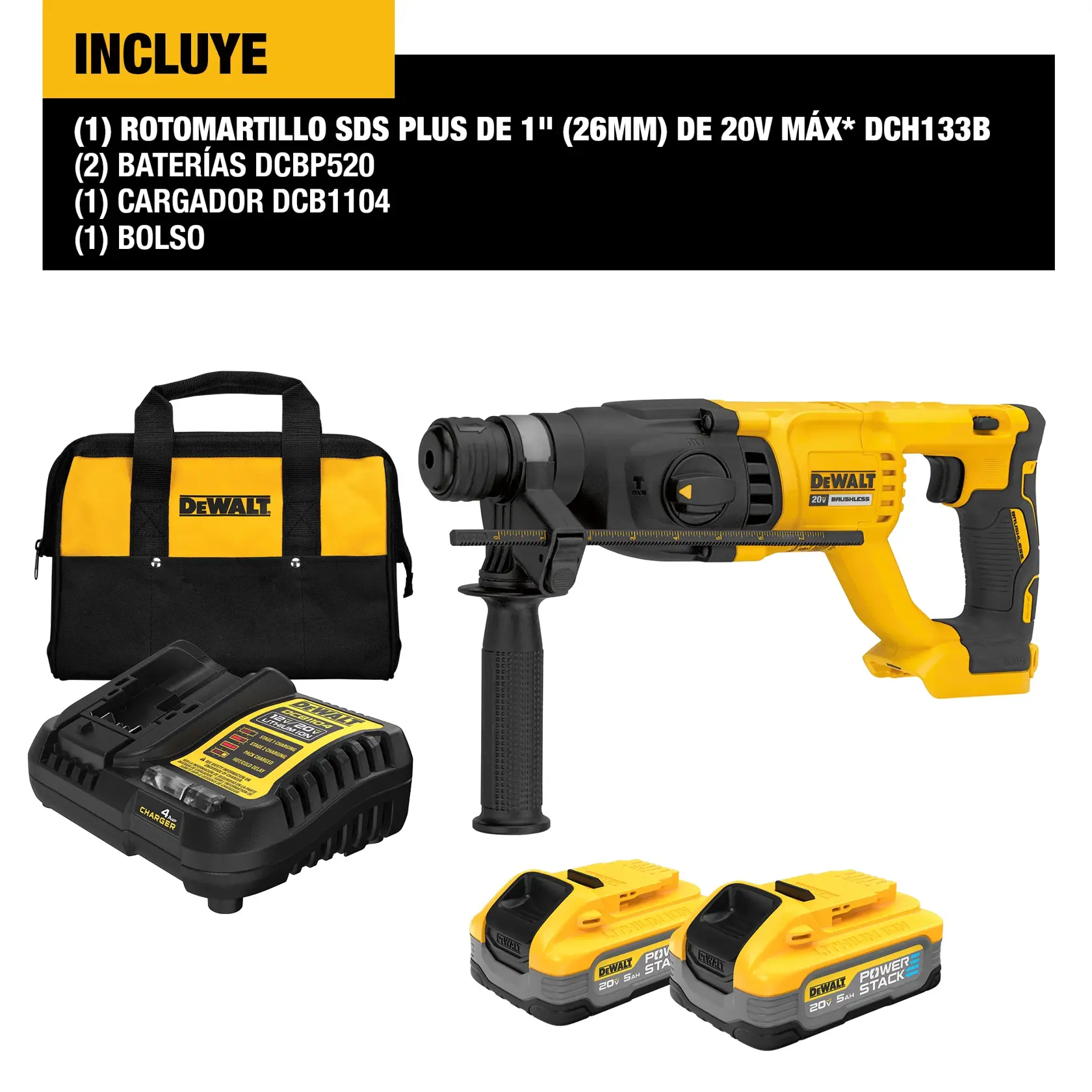 DCH133H2 Rotary Hammer Kit with 2 5amps Powerstack™ batteries, charger and handbag