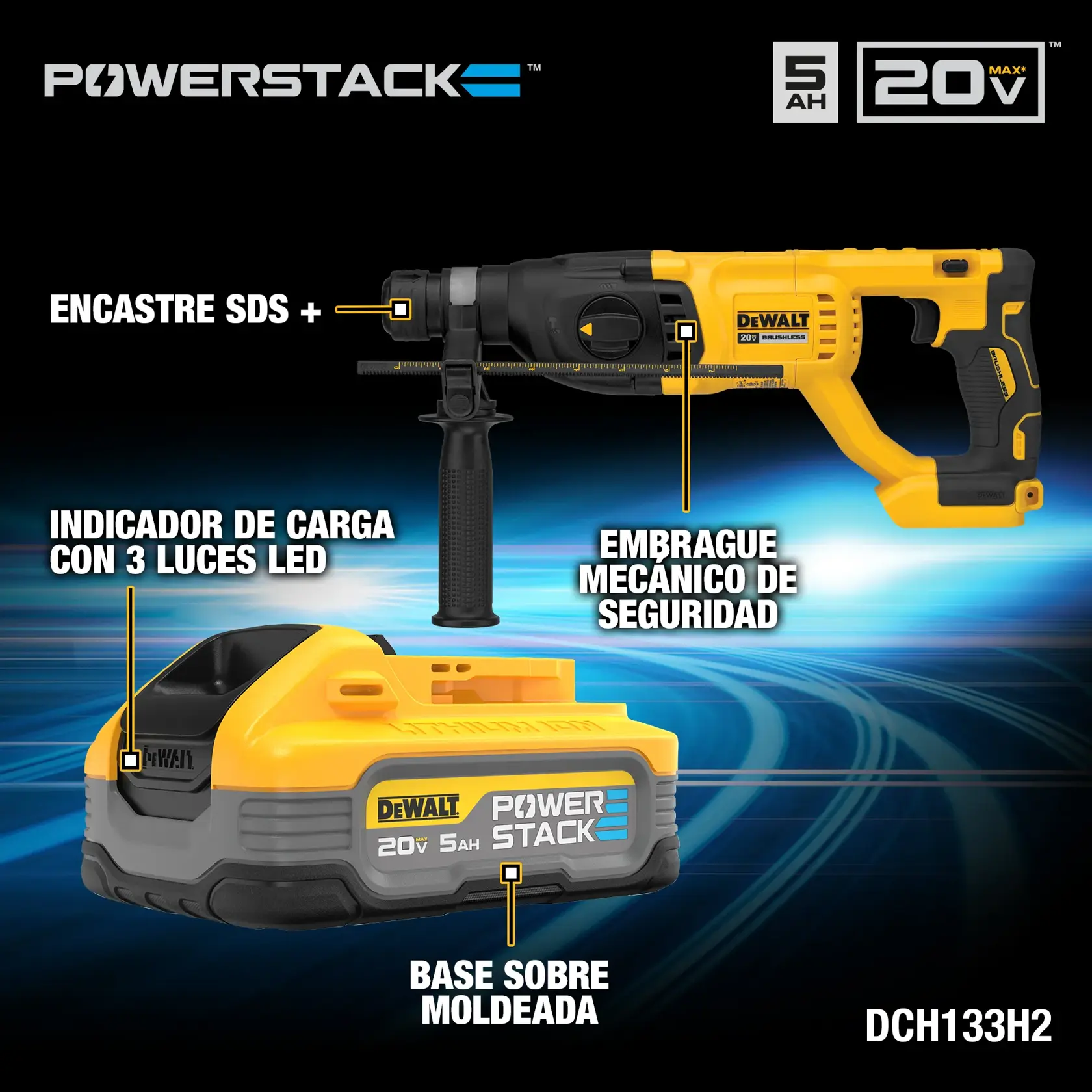 DCH133H2 Powerstack™ battery and Rotary Hammer features