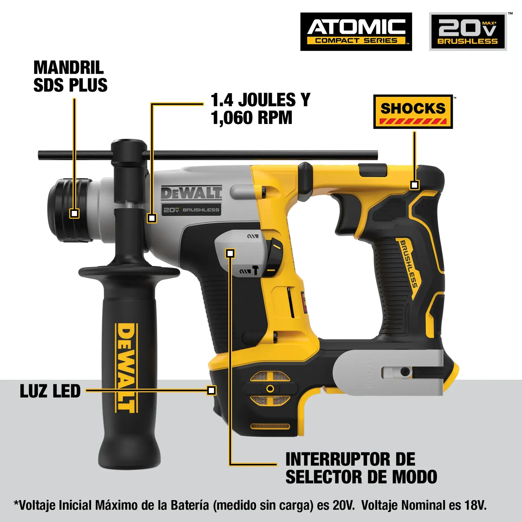DEWALT® ATOMIC™ 20V MAX* Rotomartillo de 5/8" (16mm) sin Carbones, 1.4j (Solo Herramienta)
