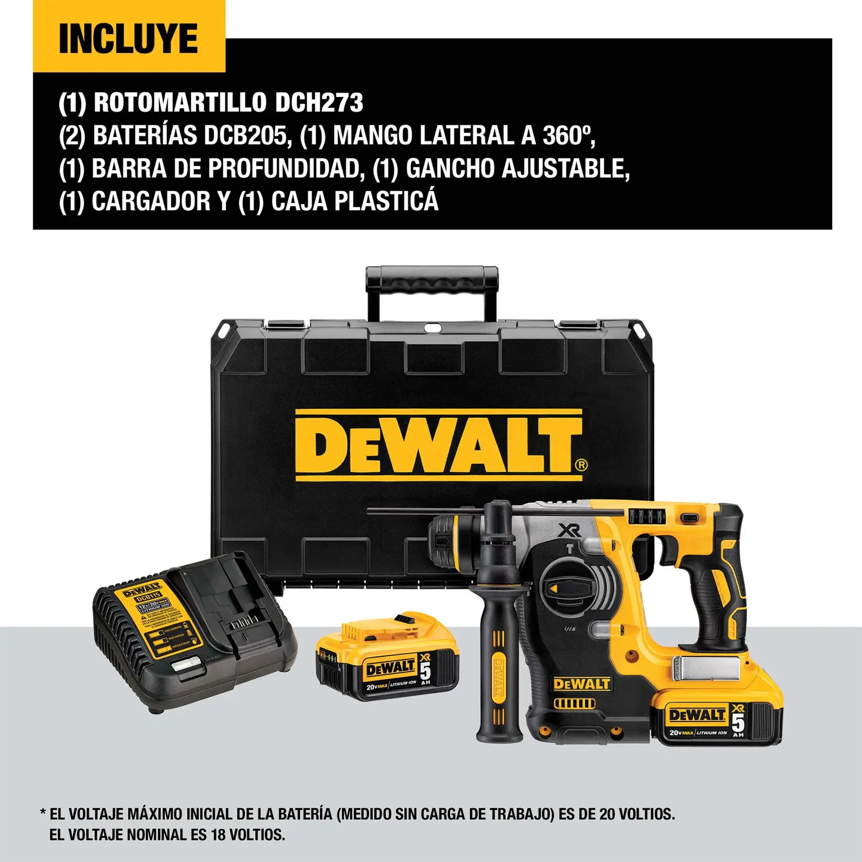 DEWALT® 20V MAX* XR® Kit De Rotomartillo de 1" (26mm) sin Carbones con Mango en L, 2.1j, Cargador, (2) Baterías de 5.0 Ah y Caja