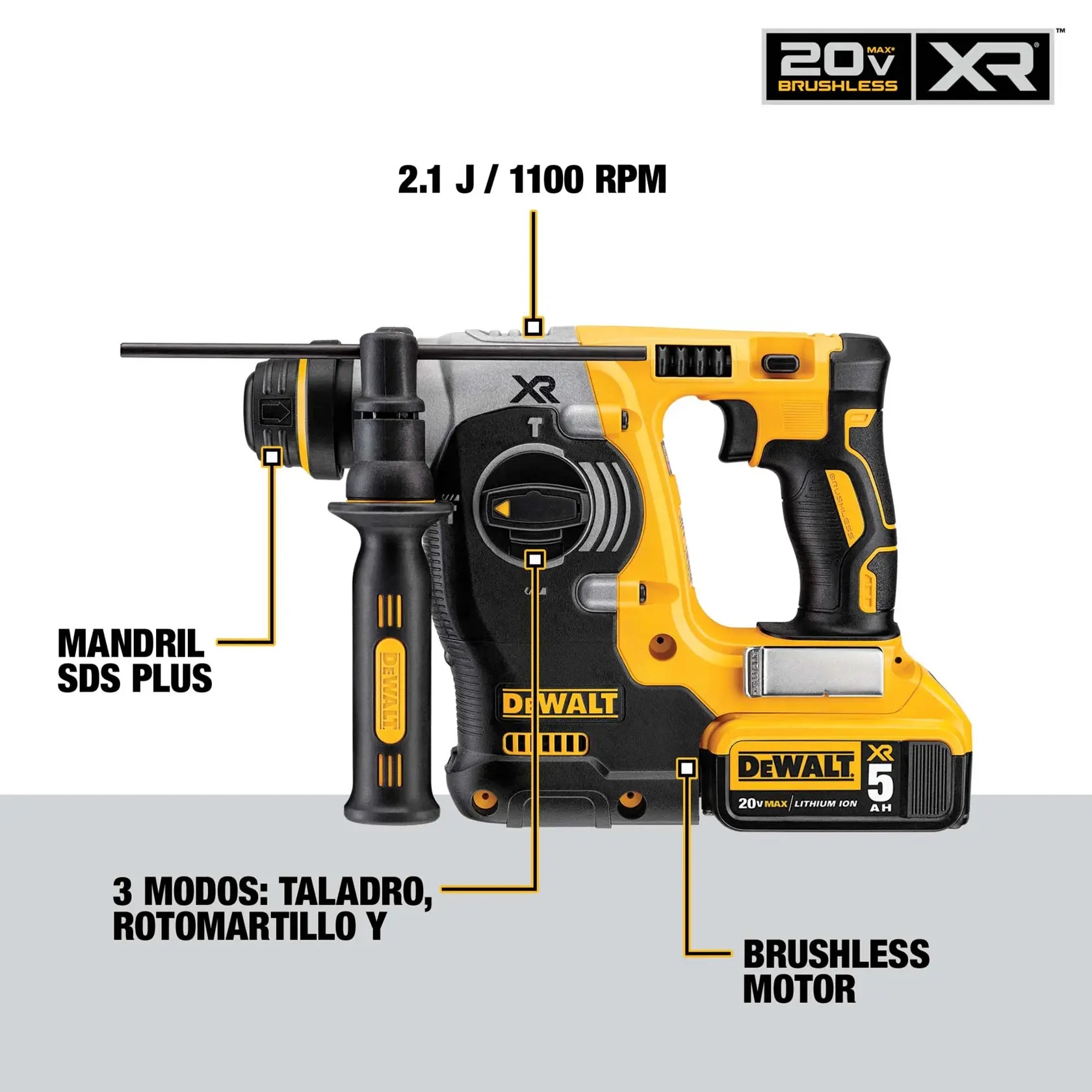 DEWALT® 20V MAX* XR® Kit De Rotomartillo de 1" (26mm) sin Carbones con Mango en L, 2.1j, Cargador, (2) Baterías de 5.0 Ah y Caja