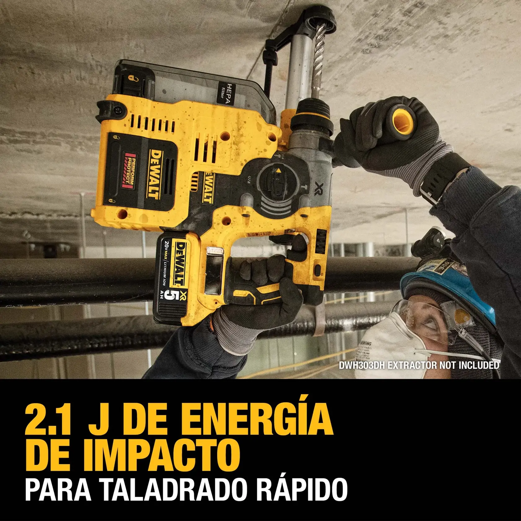 DEWALT® 20V MAX* XR® Kit De Rotomartillo de 1" (26mm) sin Carbones con Mango en L, 2.1j, Cargador, (2) Baterías de 5.0 Ah y Caja