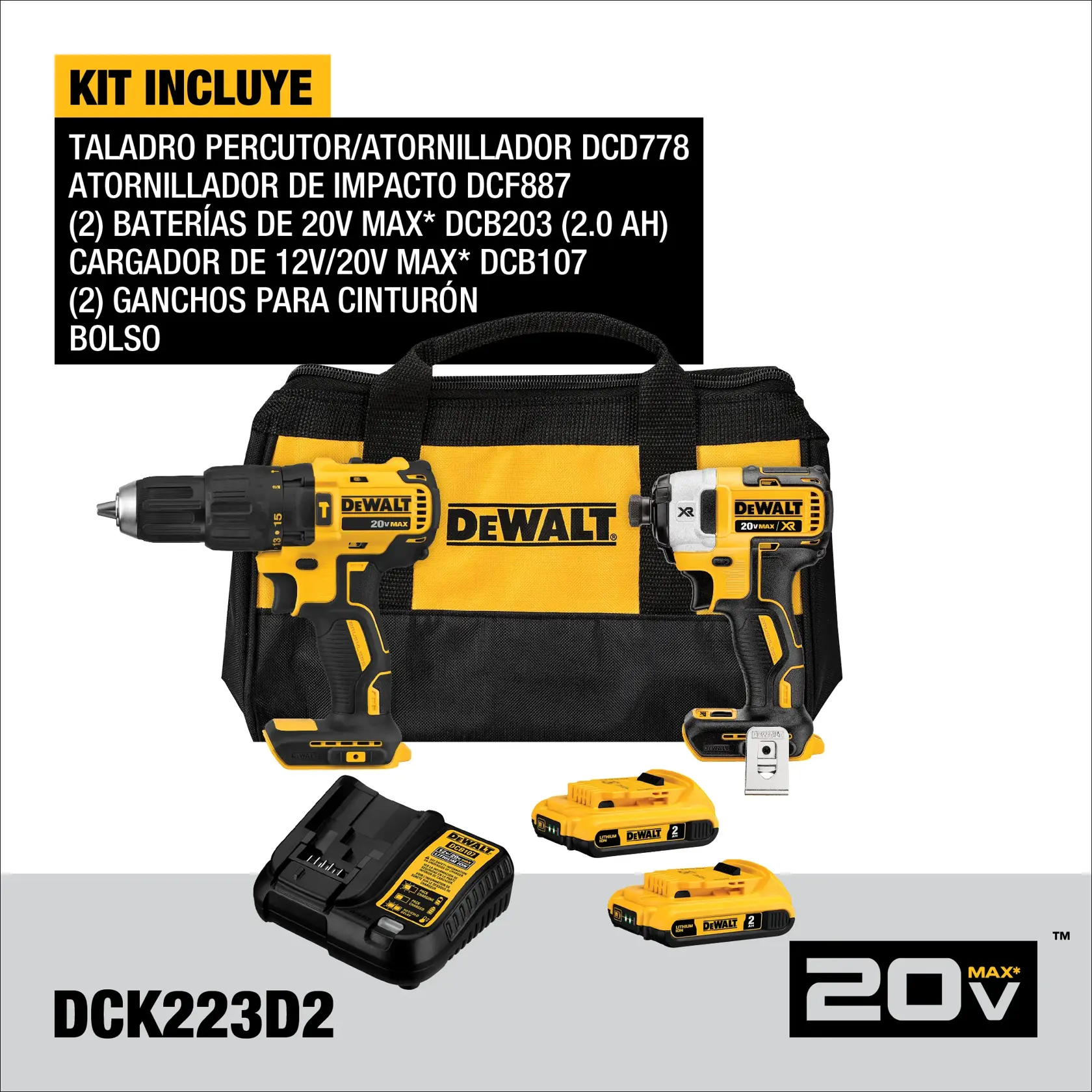 DEWALT® 20V MAX* Combo de Taladro Percutor/Atornillador de 1/2" (13mm) y Atornillador de Impacto de 1/4" (6.35mm) Inalámbrico sin Cabrones con (2) Baterías de 2.0 Ah y Cargador