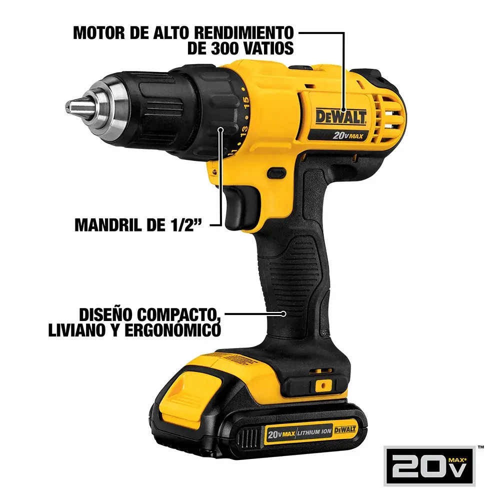 DEWALT® 20V MAX* Combo de Taladro Atornillador de 1/2" (13mm) y Atornillador de Impacto de 1/4" (6.35mm) Inalámbrico con (2) Baterías de 1.3 Ah y Cargador