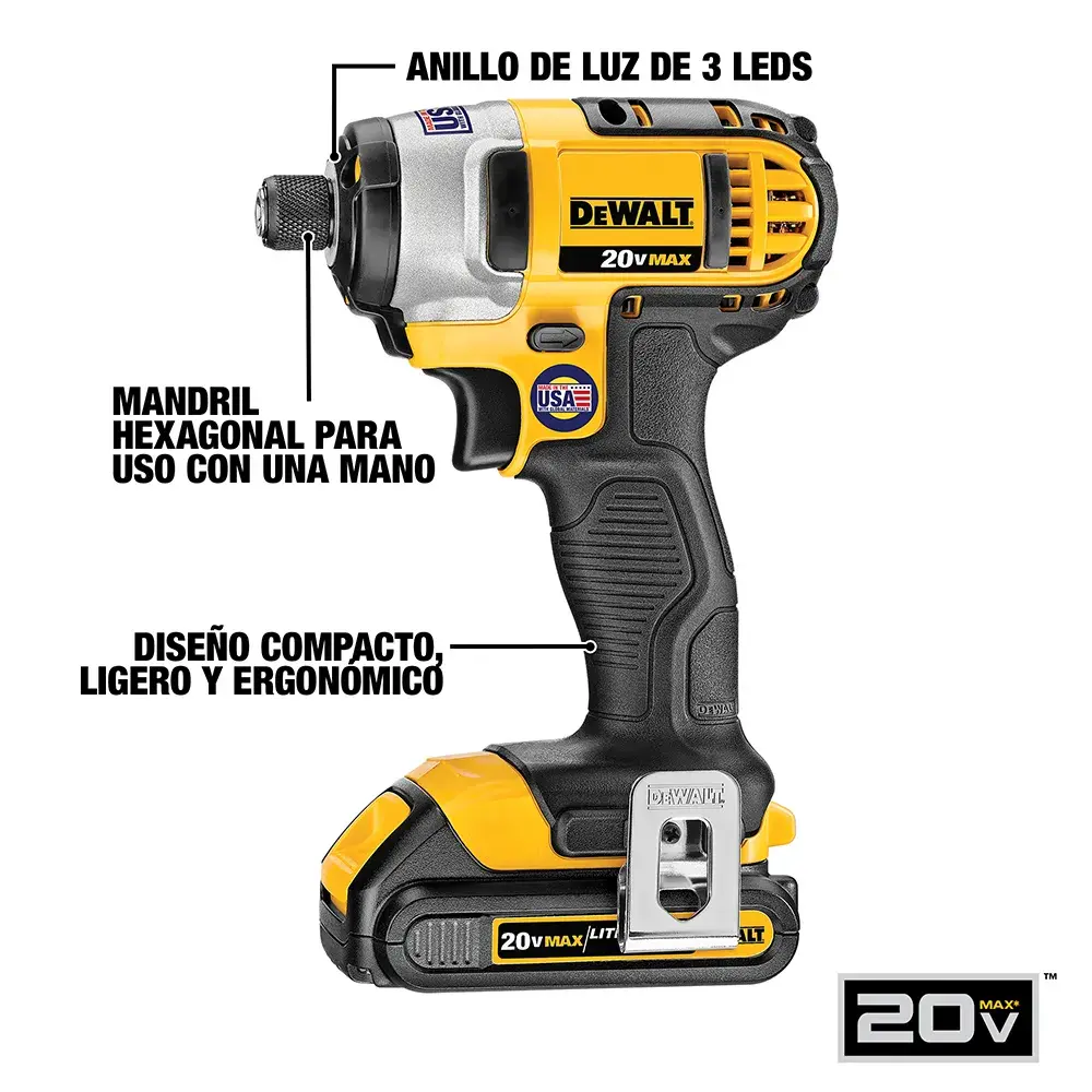 DEWALT® 20V MAX* Combo de Taladro Atornillador de 1/2" (13mm) y Atornillador de Impacto de 1/4" (6.35mm) Inalámbrico con (2) Baterías de 1.3 Ah y Cargador