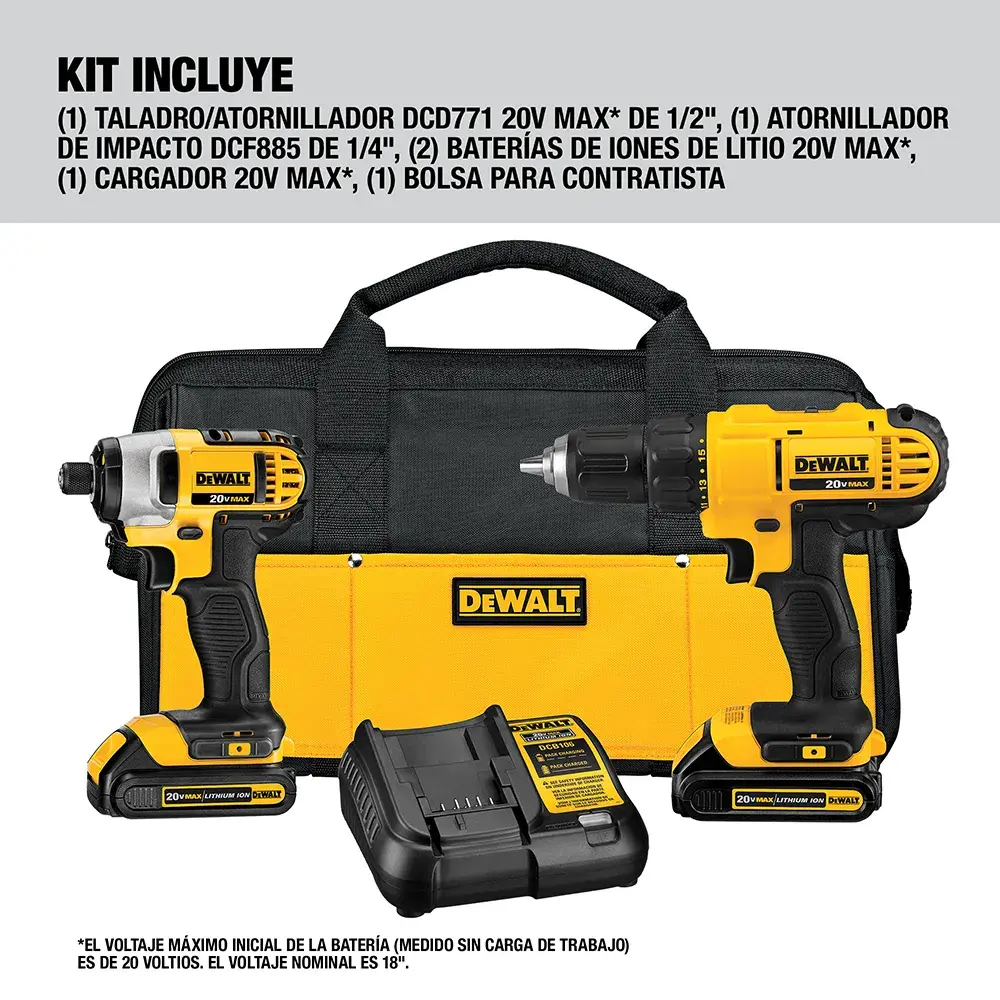 DEWALT® 20V MAX* Combo de Taladro Atornillador de 1/2" (13mm) y Atornillador de Impacto de 1/4" (6.35mm) Inalámbrico con (2) Baterías de 1.3 Ah y Cargador
