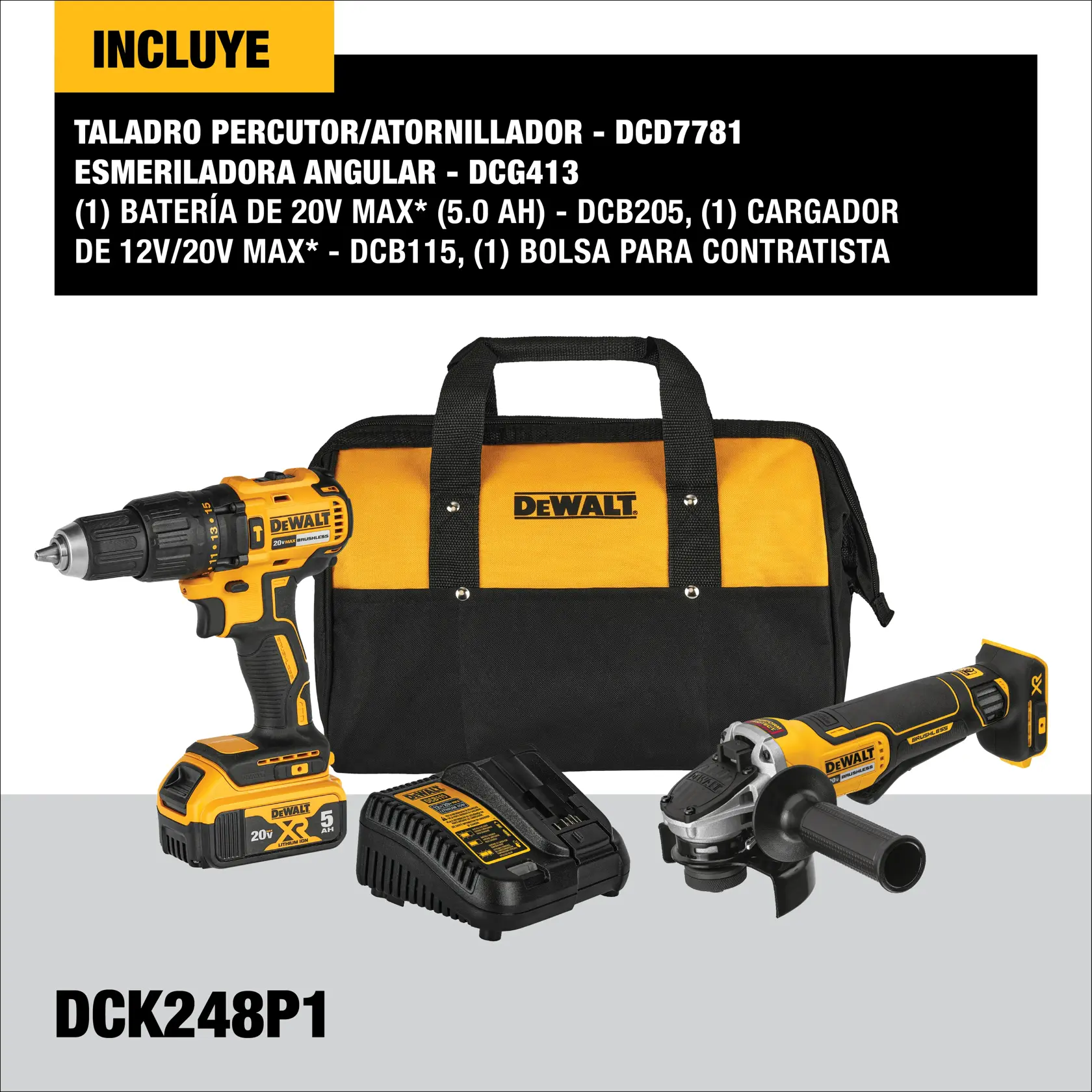 DEWALT® 20V MAX* Combo de Taladro Percutor/Atornillador de 1/2" (13mm) y Esmeriladora Angular de 4-1/2" (115mm) Inalámbricos con (1) Batería de 5.0 Ah y Cargador con Caja TSTAK®