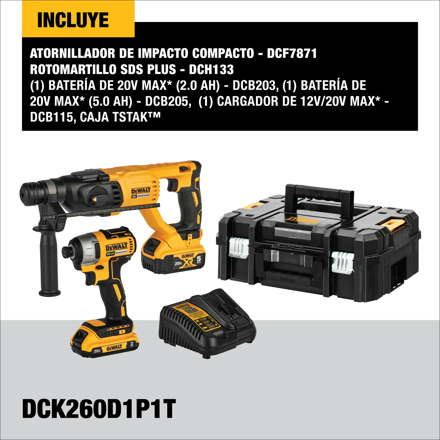 DEWALT® 20V MAX* Combo de Rotomartillo SDS PLUS de 1" (26mm) y Atornillador de Impacto de 1/4" (6.35mm) Inalámbrico con (1) Batería de 2.0 Ah, (1) Batería de 5.0 Ah y Cargador