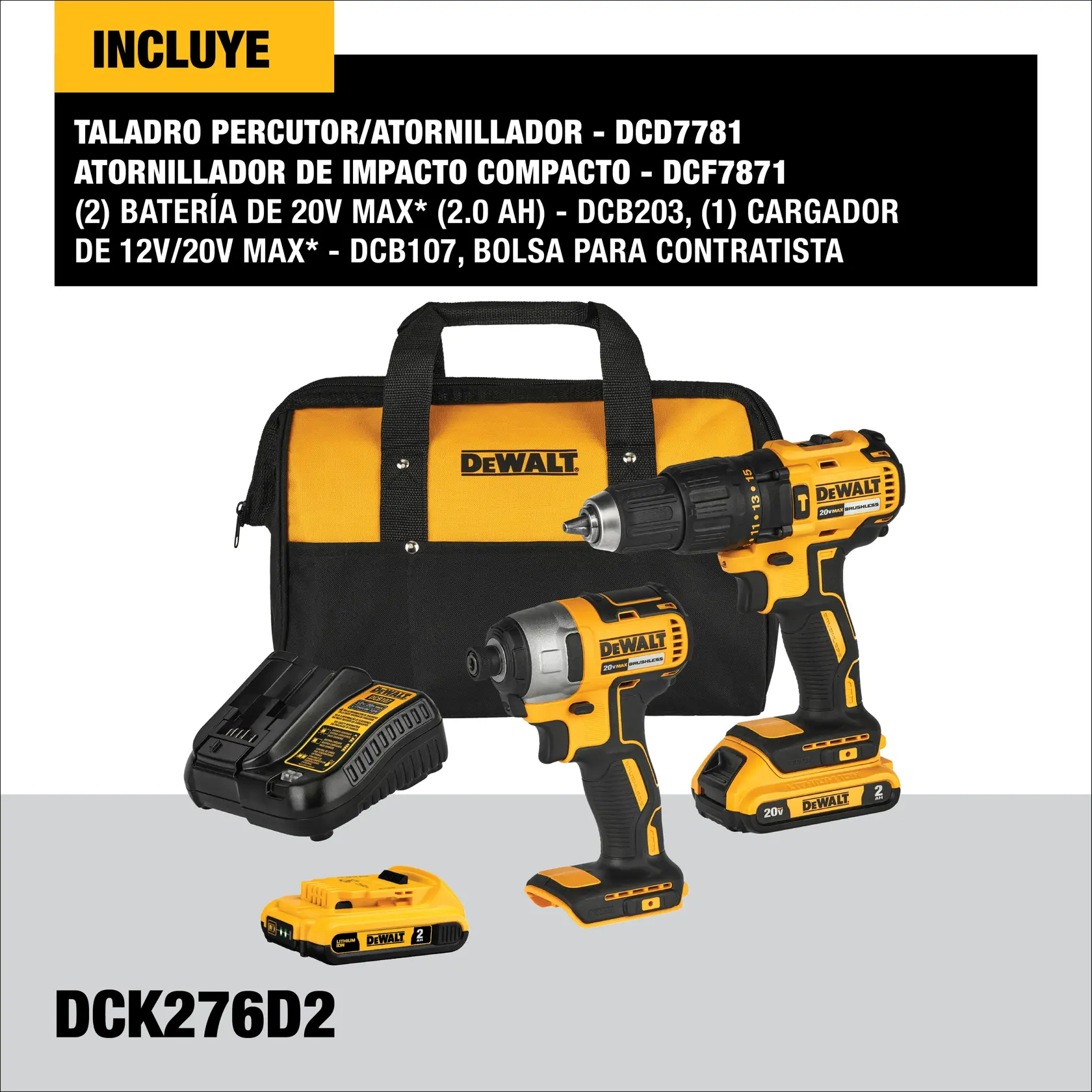 DEWALT® 20V MAX* Combo de Taladro Percutor/Atornillador de 1/2" (13mm) y Atornillador de Impacto de 1/4" (6.35mm) Inalámbricos sin Carbones con (2) Baterías de 2.0 Ah y Cargador