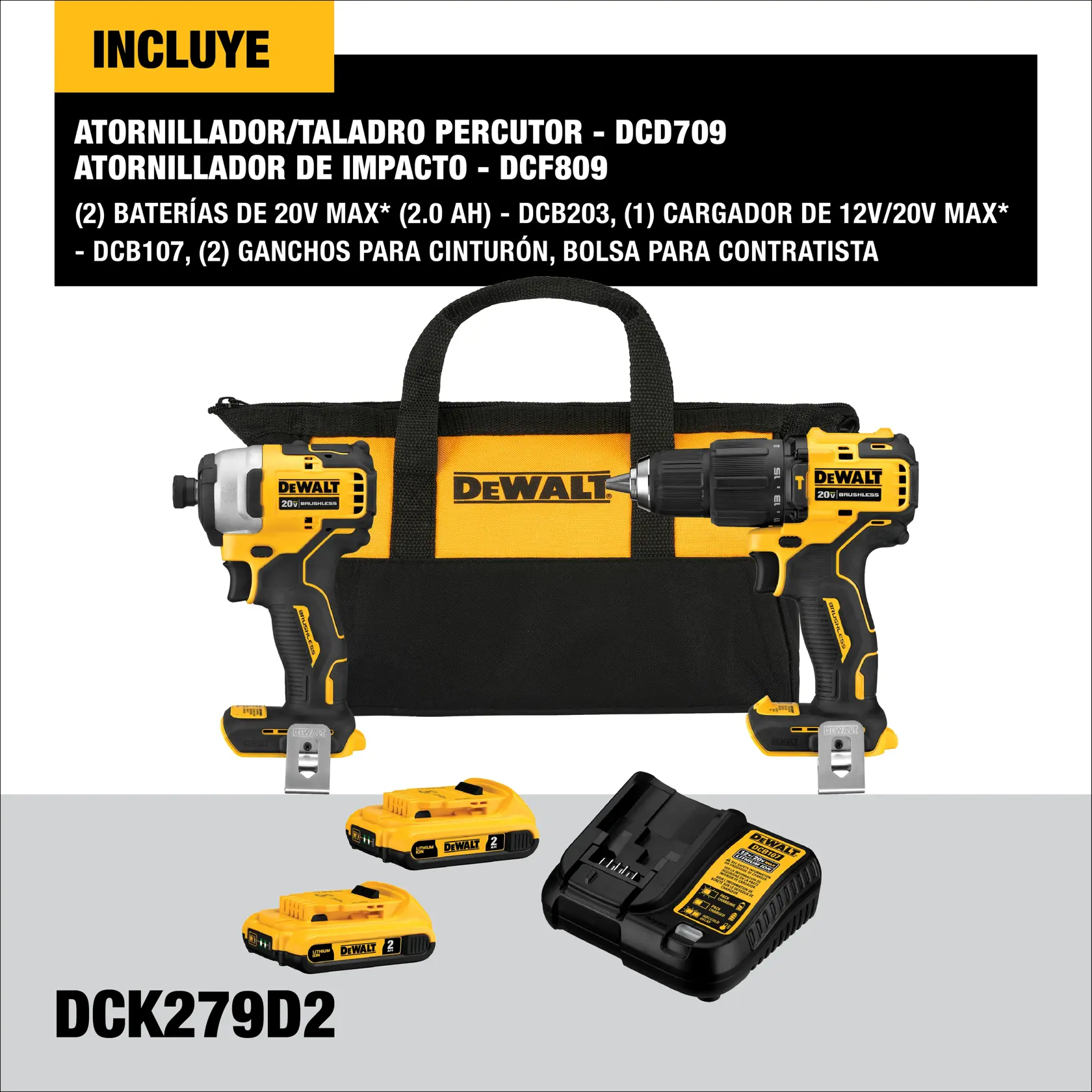 DEWALT® ATOMIC™ 20V MAX* Combo de Taladro Percutor/Atornillador de 1/2" (13mm) y Atornillador de Impacto de 1/4" (6.35mm) Inalámbrico sin Carbones con (2) Baterías de 2.0 Ah y Cargador