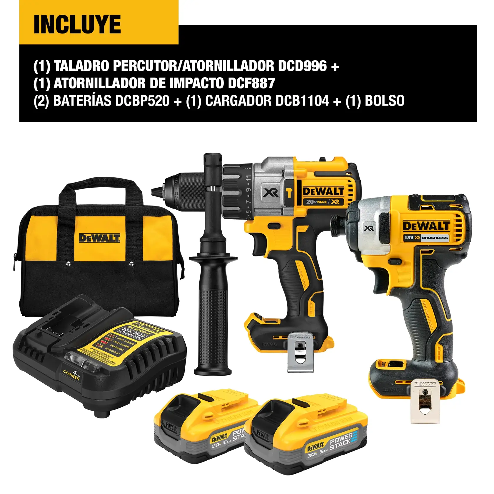 DCK299H2 Drill and Impact Driver combo with 2 5amps Powerstac™k batteries, charger and handbag