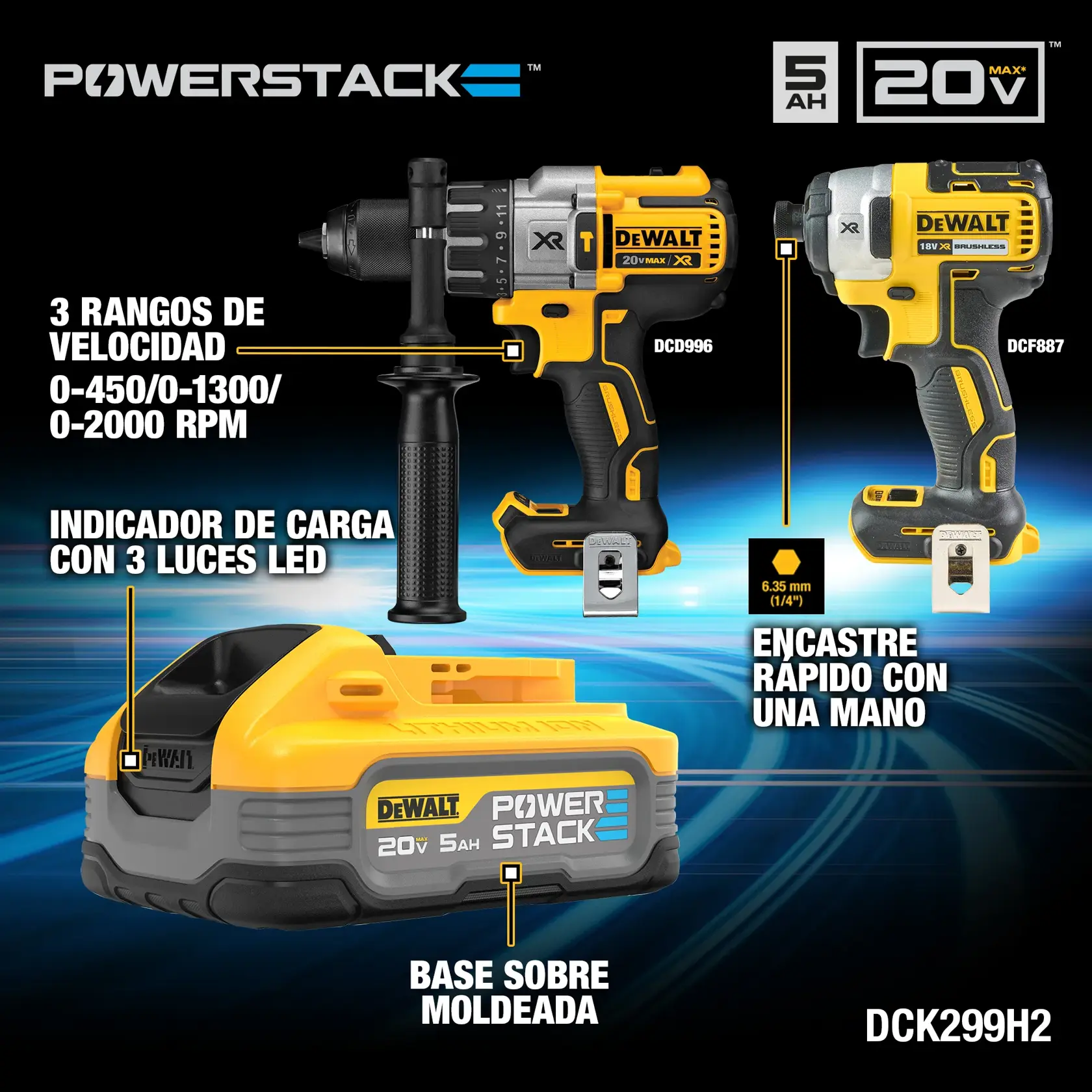 DCK299H2 Powerstack™ battery, Drill and Impact Driver features