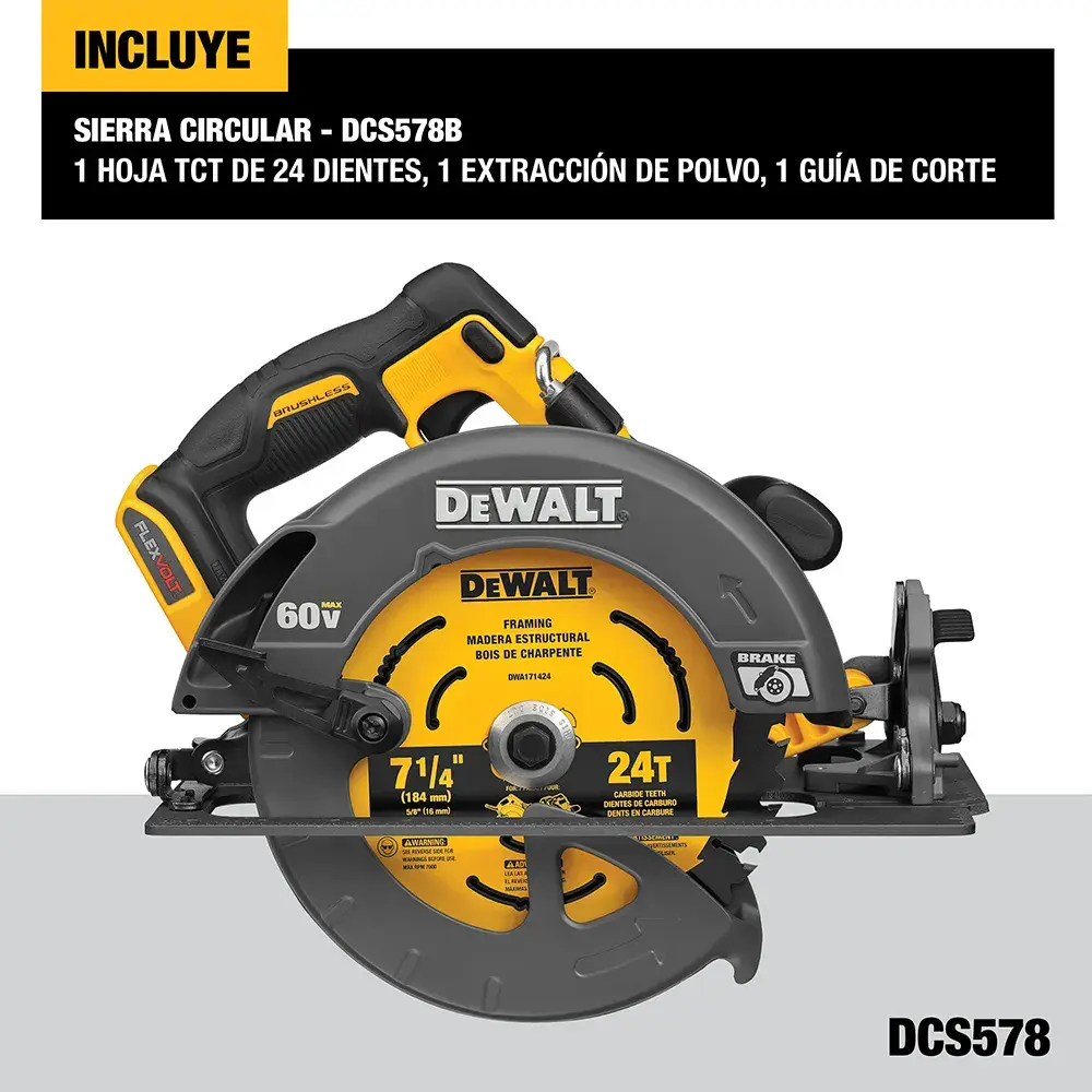 DEWALT® FLEXVOLT® 60V MAX* Sierra Circular de 7-1/4" (185mm) Inalámbrica sin Carbones con Freno Electrónico (Solo Herramienta)