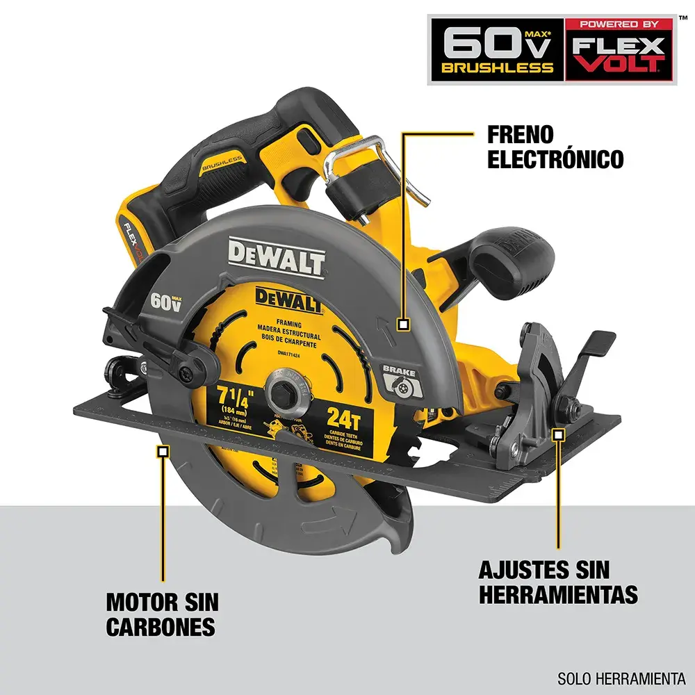 DEWALT® FLEXVOLT® 60V MAX* Sierra Circular de 7-1/4" (185mm) Inalámbrica sin Carbones con Freno Electrónico (Solo Herramienta)