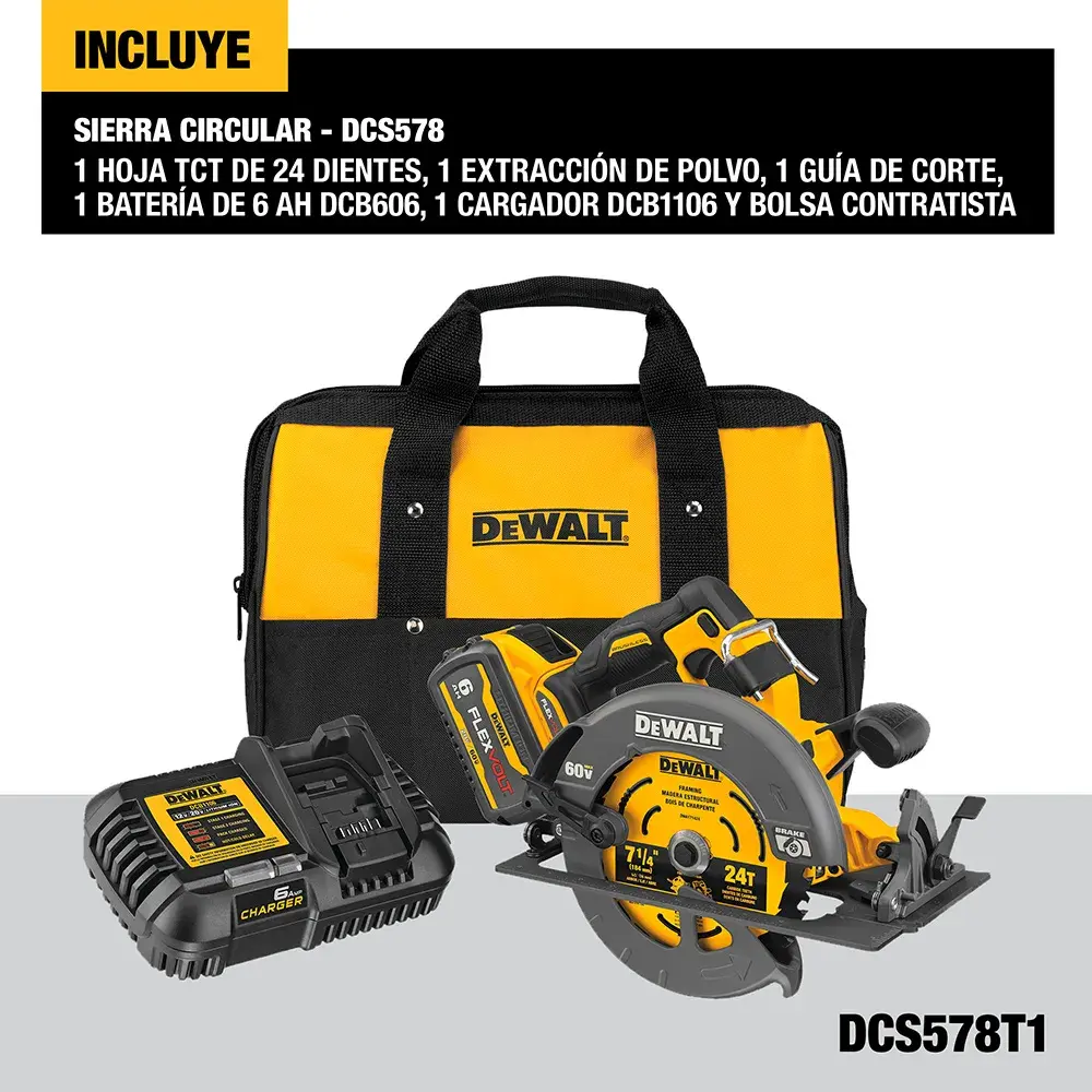 DEWALT® 60V MAX* Kit de Sierra Circular de 7-1/4" (185mm) Inalámbrica sin Carbones (1) Batería de 6.0 Ah y Cargador