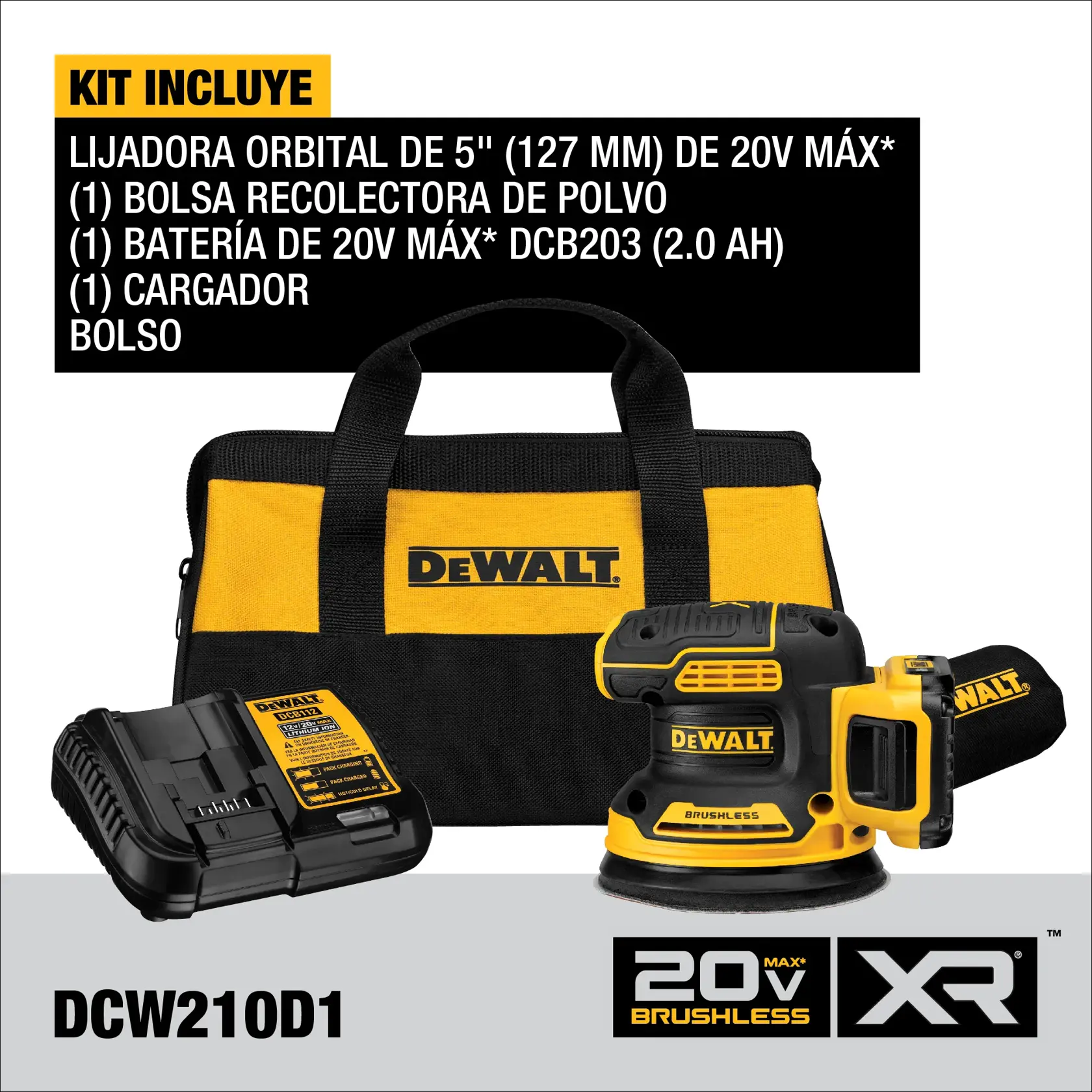 DEWALT® 20V MAX* XR® Kit de Lijadora Orbital de 5" (127mm) Inalámbrica sin Carbones (1) Batería de 2.0 Ah y Cargador