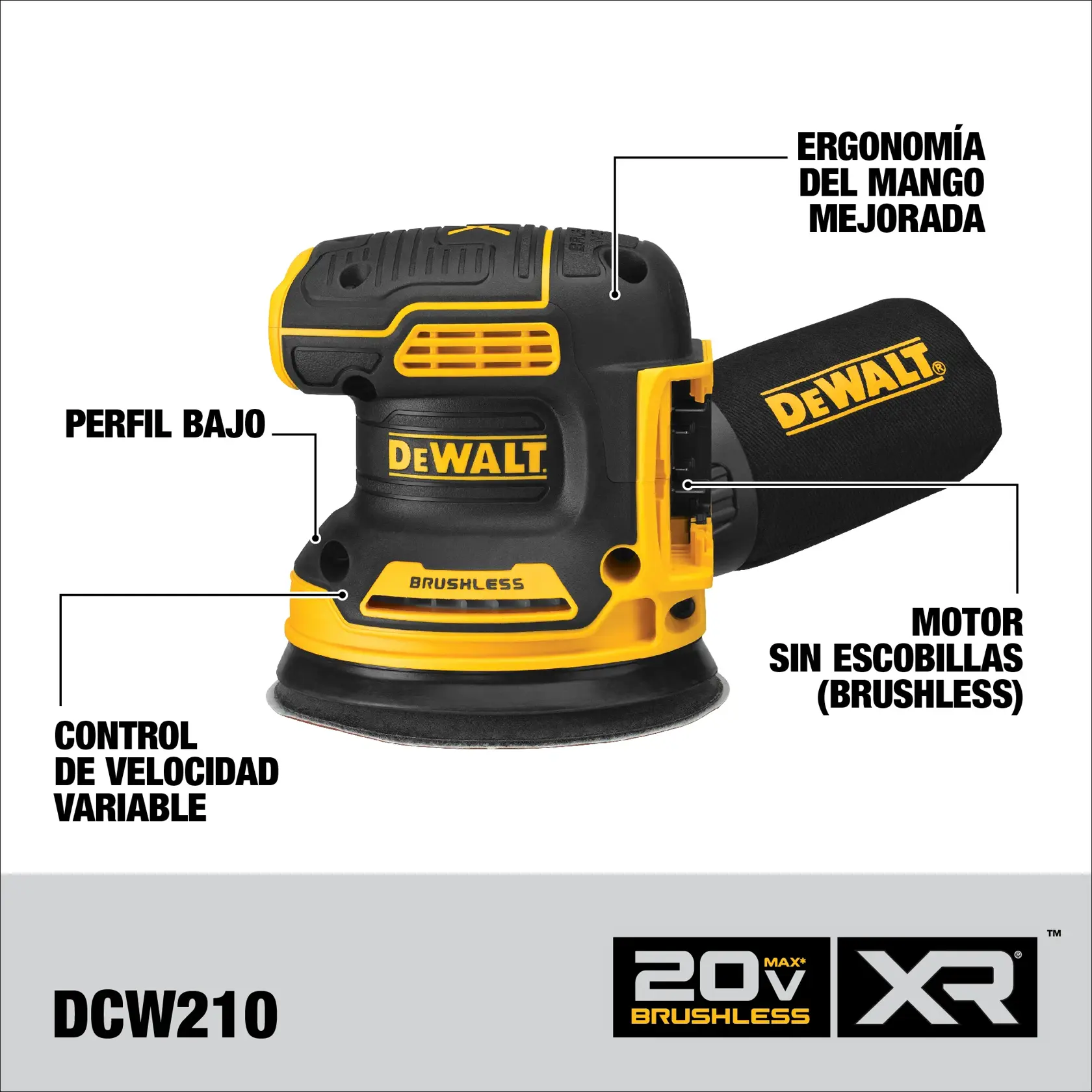 DEWALT® 20V MAX* XR® Kit de Lijadora Orbital de 5" (127mm) Inalámbrica sin Carbones (1) Batería de 2.0 Ah y Cargador