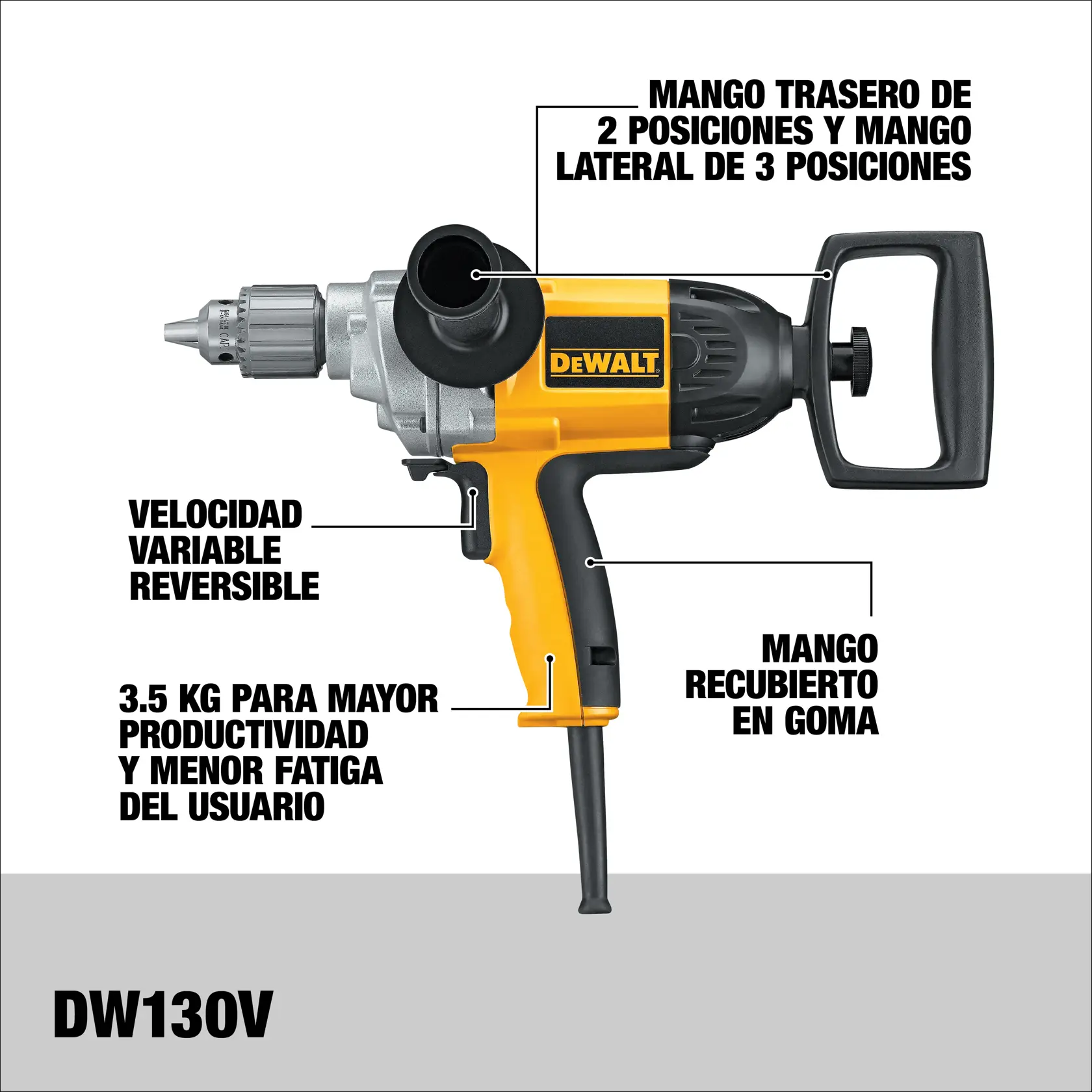 DEWALT® Taladro Tipo Espada de 1/2" (13mm) de 710W de Velocidad Variable Reversible
