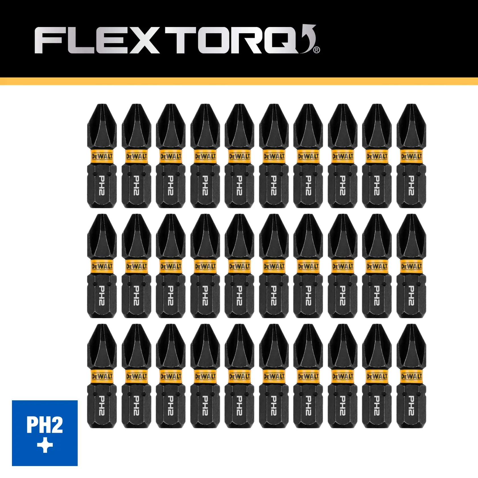 Image shows a set of thirty DEWALT FlexTorq PH2 screwdriver bits arranged in three rows. Each bit is black with a yellow ring featuring the DEWALT logo, and marked with 'PH2'. There is a blue label in the corner indicating PH2 type.